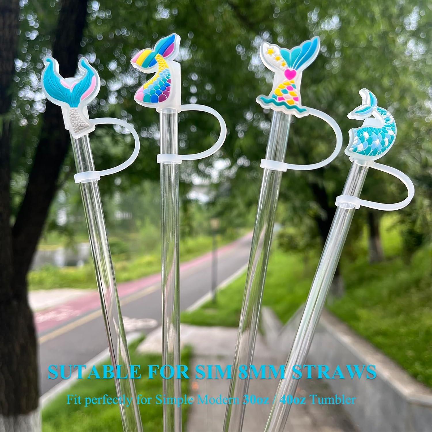 Blue Simple Modern Cup Accessories, Mermaid Pattern Straw Cover for Tumblers, Silicone Straw Toppers for Simple Modern & Hydro Flask Straw Cover Cap for 8mm Straws - Image 2