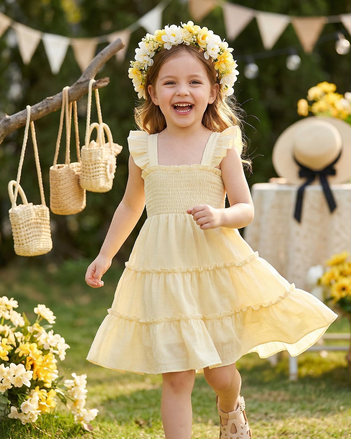 FishingDino Toddler Baby Girls Dress 1-6T, Ruffle Sleeveless Smocked Dress with Back Tie Summer Outfits Beach Sundress - 2