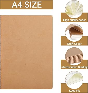 YBCPACK 12 Pack A4 Lined Subject Notebooks, Kraft Brown Cover Journal Notebook Bulk,8.2