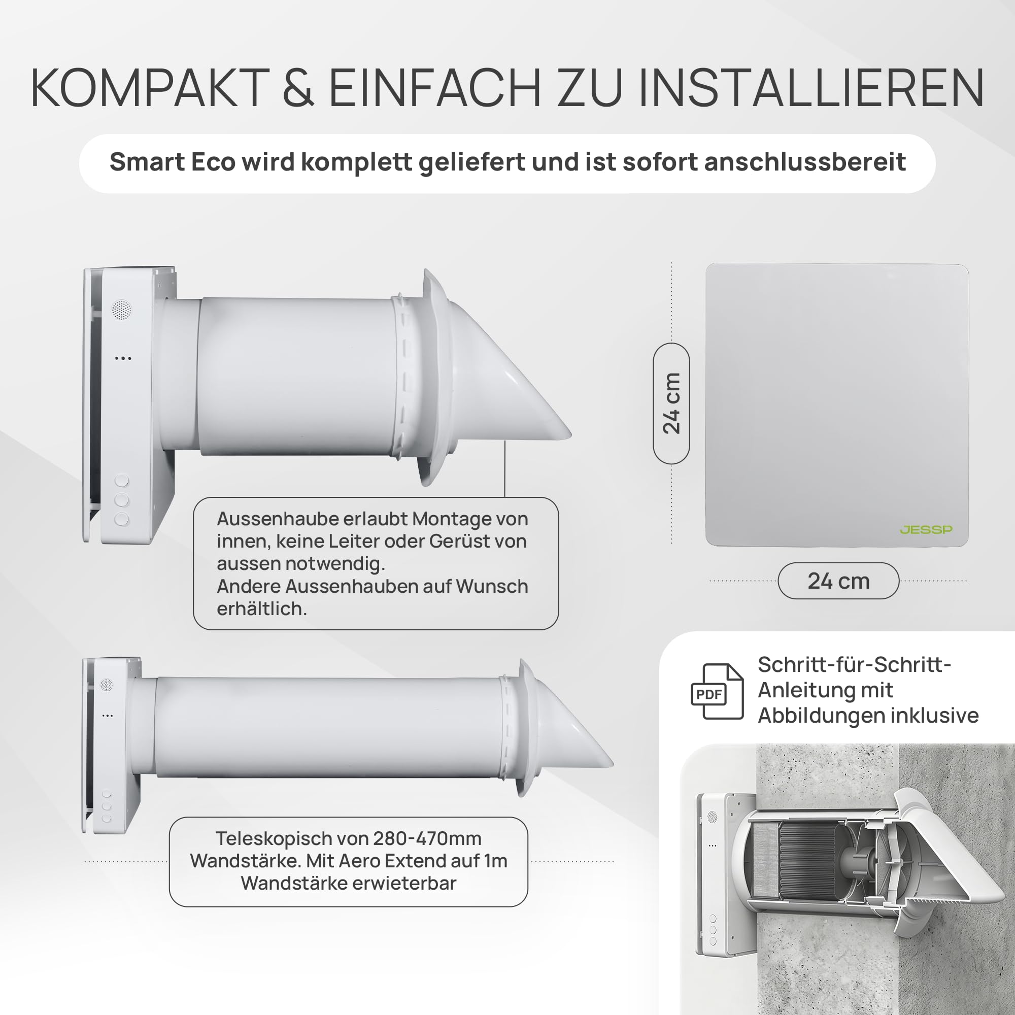 Eco Smart DZ - Ventilazione decentralizzata per abitazioni, controllo CO₂, recupero del calore al 97%, Wi-Fi, filtro F7, Ø 160 mm, 60 m³/h, classe energetica A, 5 anni di garanzia, per pareti di