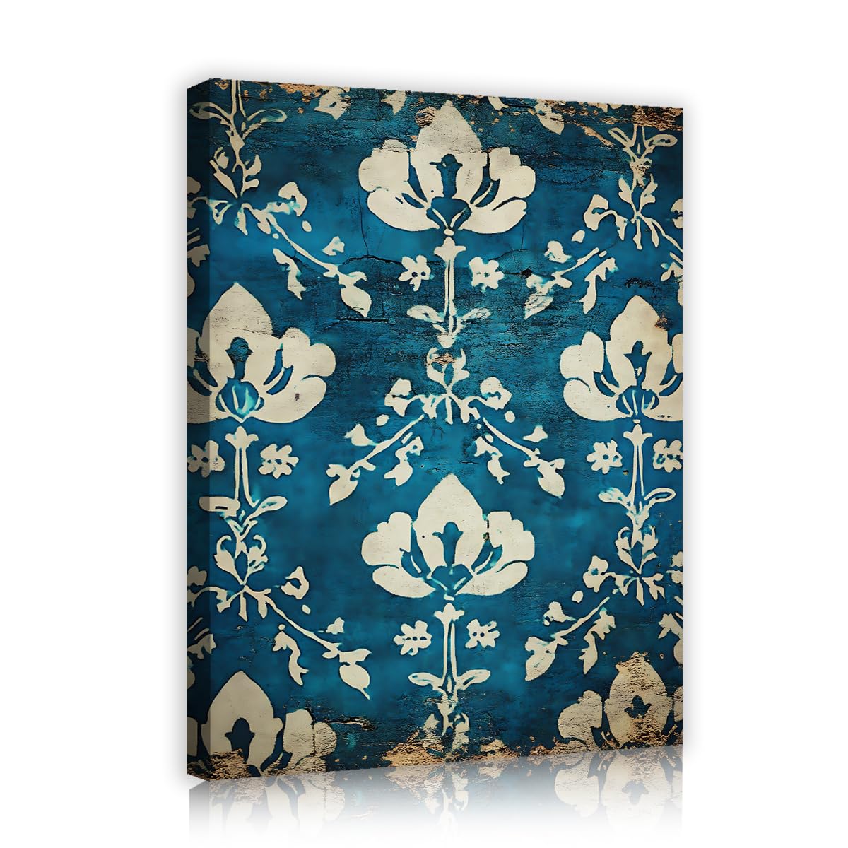 TOANGWALL Vintage Damask Flower Framed Canvas Print Office Teal Blue Retro Botanical Wall Art Poster for Hallway Kitchen Guest Room Decor 65x80cm