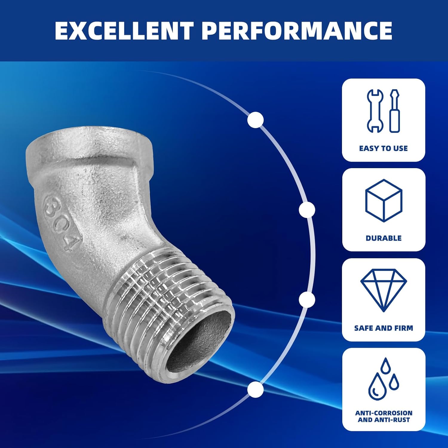 4PCS 45 Degree Elbow Pipe Fittings, 1/2 Inch NPT Female Pipe Fitting and Female to Male Thread Hose Connector Adapter, 304 Stainless Steel Casting Connector