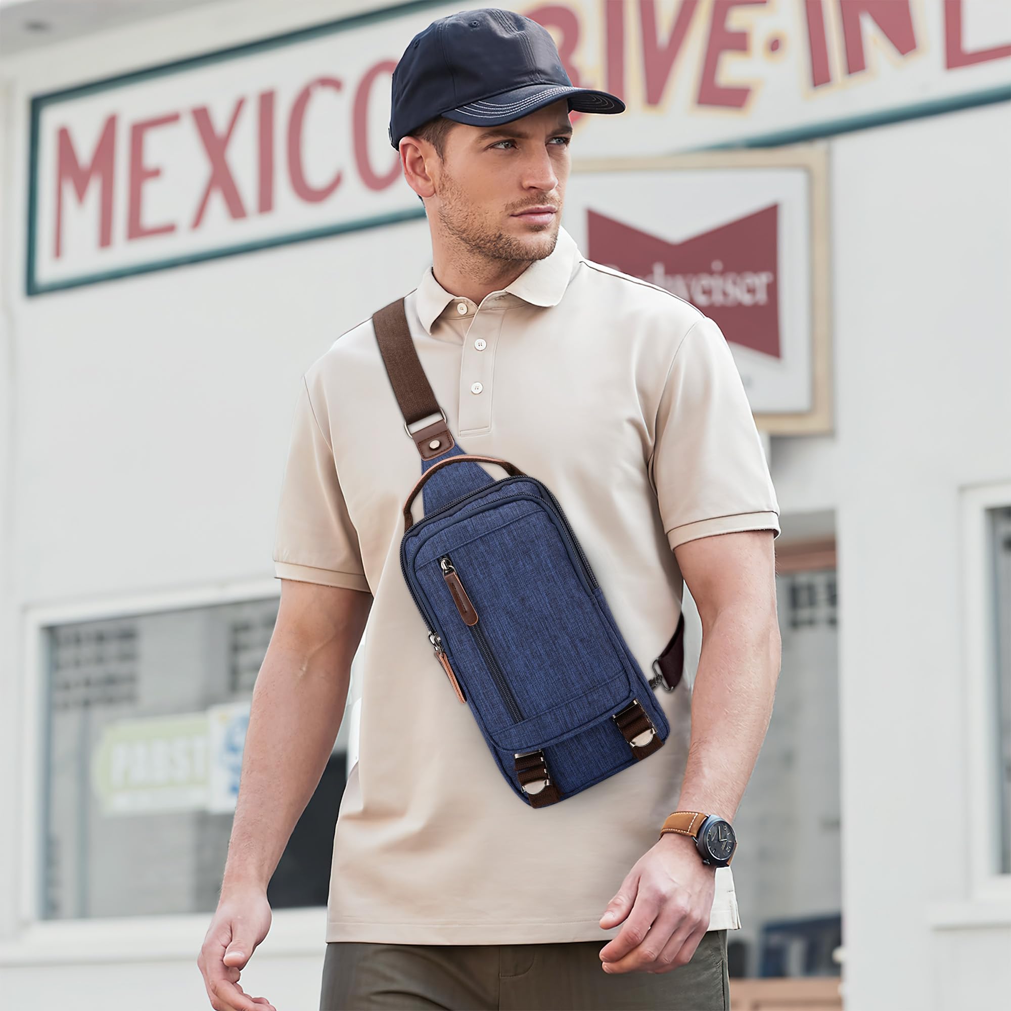 Leggero Uomo Borsa sul Petto Moda Casuale Zaino Monospalla per 7.9 Pollici iPad con Manico Sling Bag per Viaggio Quotidiano Shopping Uomo Tela Borsa a Tracolla Blu