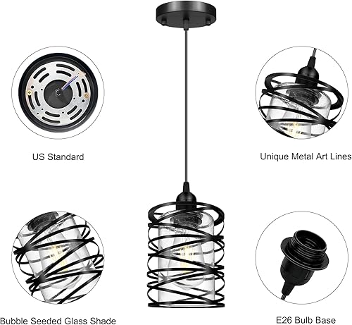 Miniatura 5 de Paquete de 3 lámparas colgantes, lámpara colgante moderna en jaula de acabado negro, lámpara industrial con vidrio transparente, luz colgante