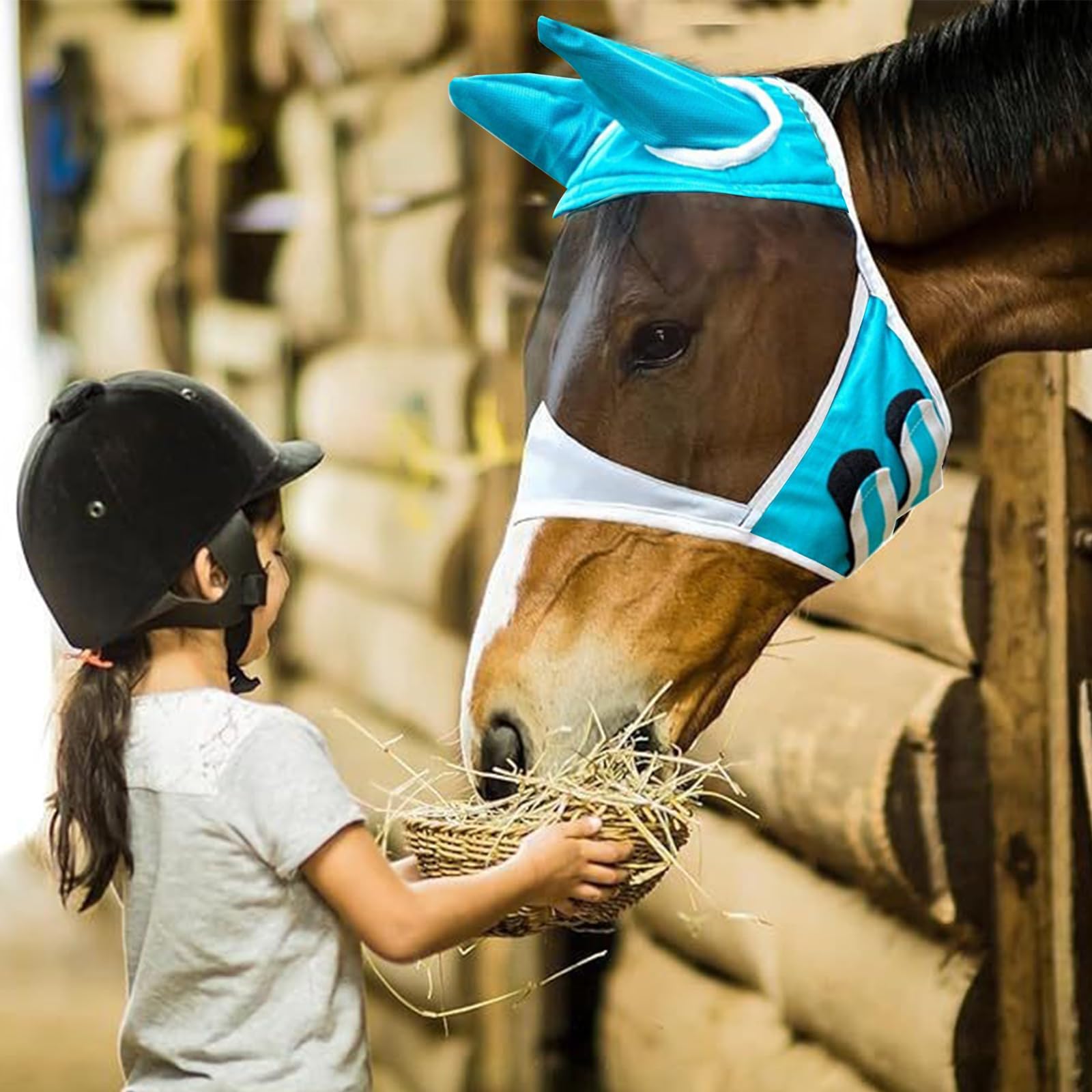 Masque Anti Mouche Cheval Avec Bonnet - Protection UV, Taille L, Pour Poney Et Cheval