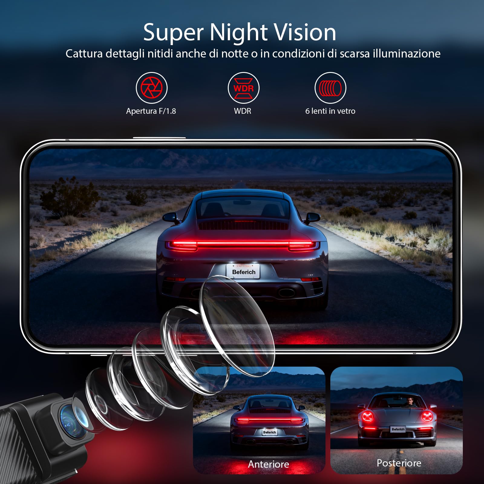 4K+2.5K Dash Cam Anteriore/Posteriore Doppio Canale – GPS+WiFi 5.8GHz, Schermo IPS 3.16", Sensore G, Visione Notturna, Controllo APP, Carta 64GB Inclusa