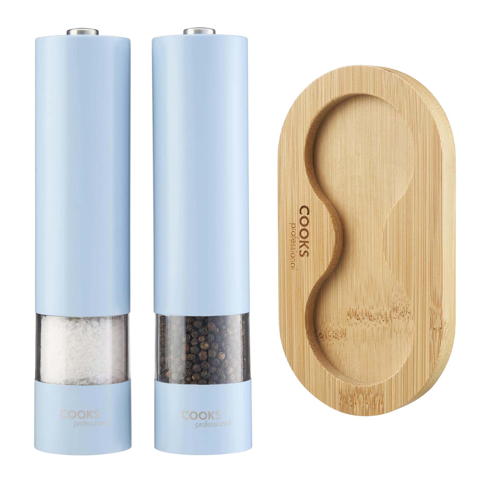 Cooks Professional Electric Salt and Pepper Mill Set with Bamboo Base | Battery Operated Automatic Grinders with Adjustable Grinding & One Touch Operation | Condiment Grinder & Stand | Blue โ image 1