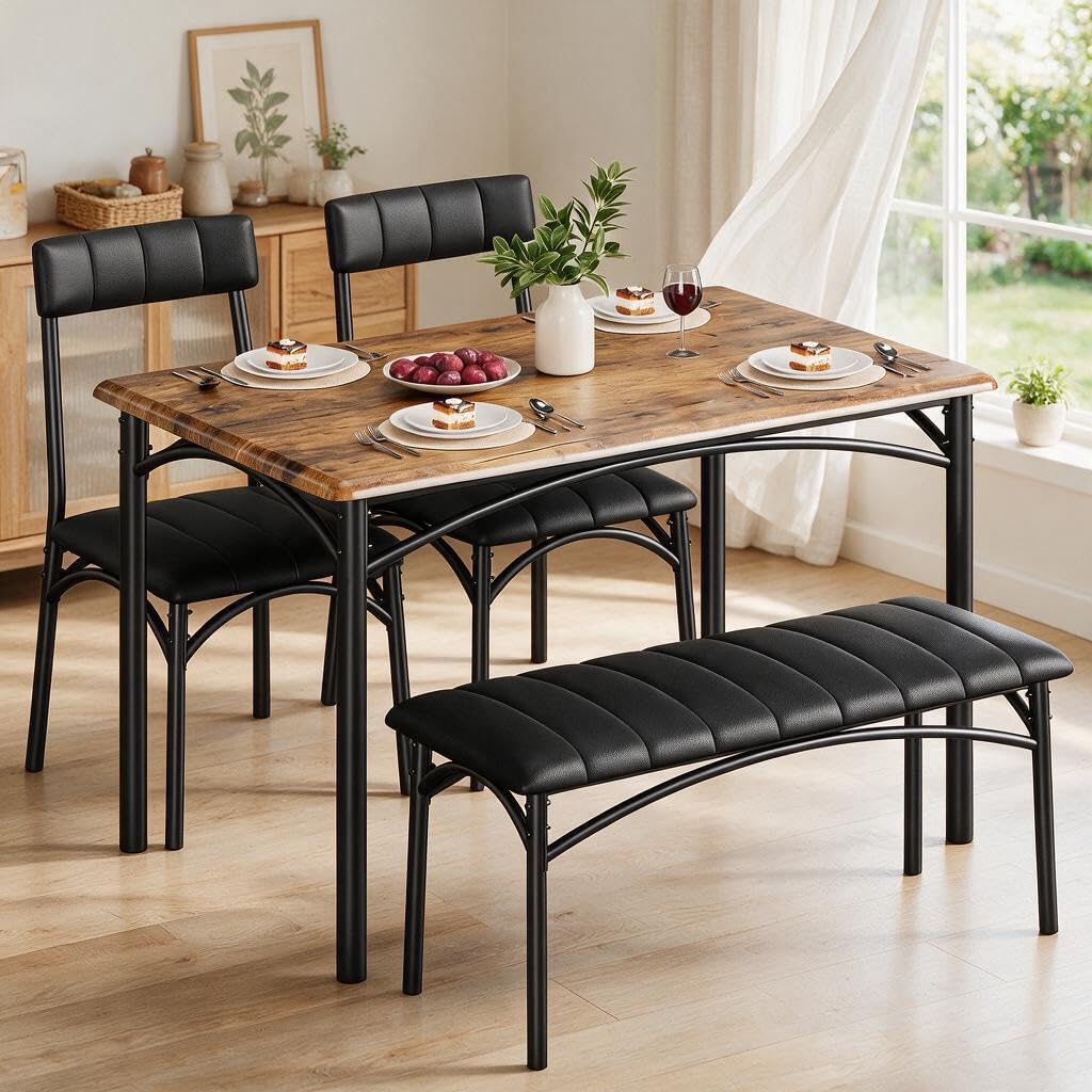 Esstisch mit 4 Stühlen Küchentisch | 110x70cm große Tischplatte | 90x35cm Bank | 43x43cm gepolsterte Sitzfläche