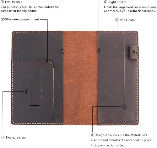 Miniatura 5 de Robrasim Moleskine - Funda de cuero para cuaderno grande de tapa dura, hecha a mano, funda de cuero vintage para cuadernos de tapa dura de 5 x 8.25