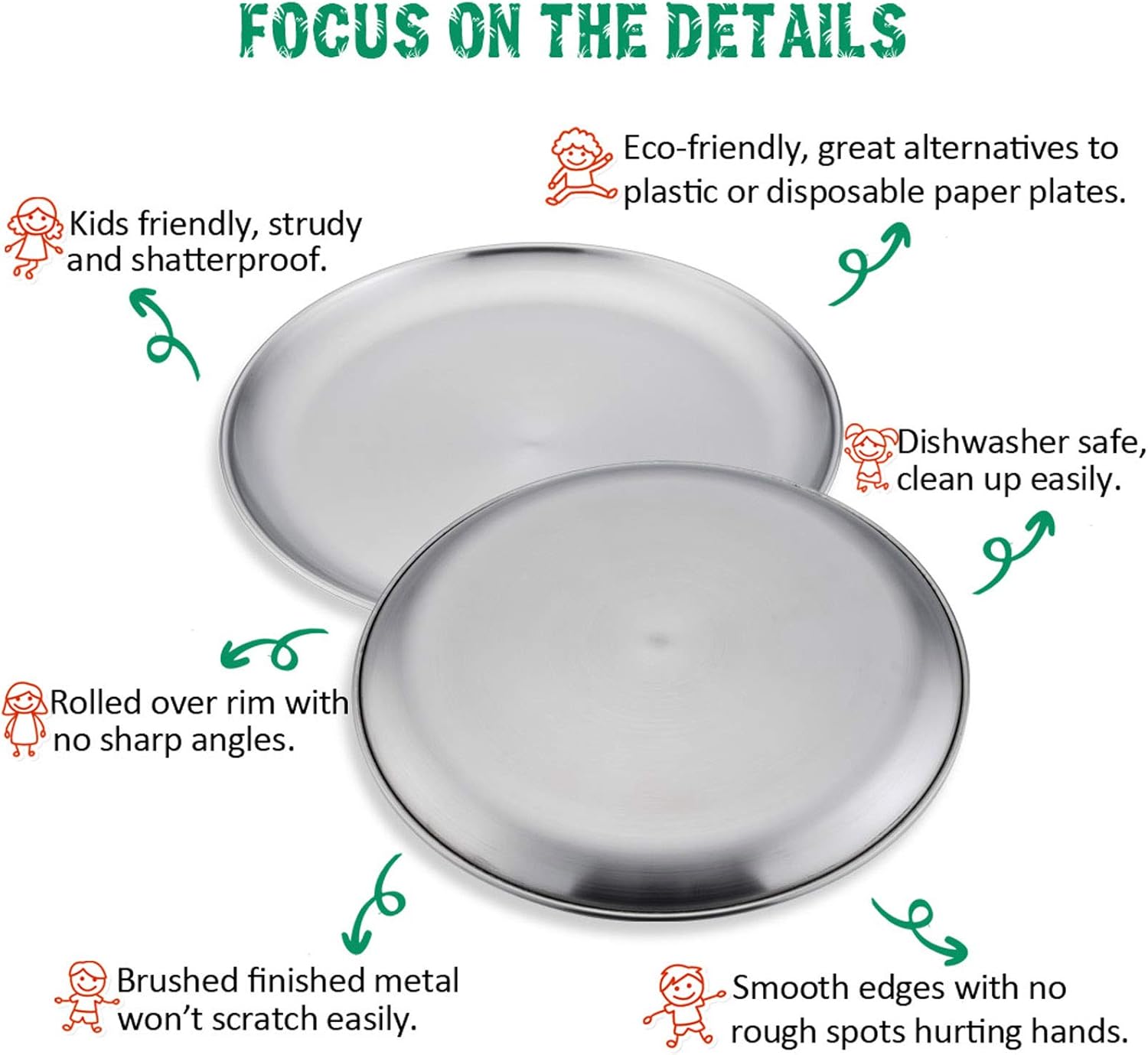 E-far Stainless Steel Plates Set of 4, 8-inch Metal Dinner Plates for Kids Toddlers, Great for Self-feeding/Picnic/Outdoor Camping, Healthy & Non-toxic, Shatterproof & Dishwasher Safe