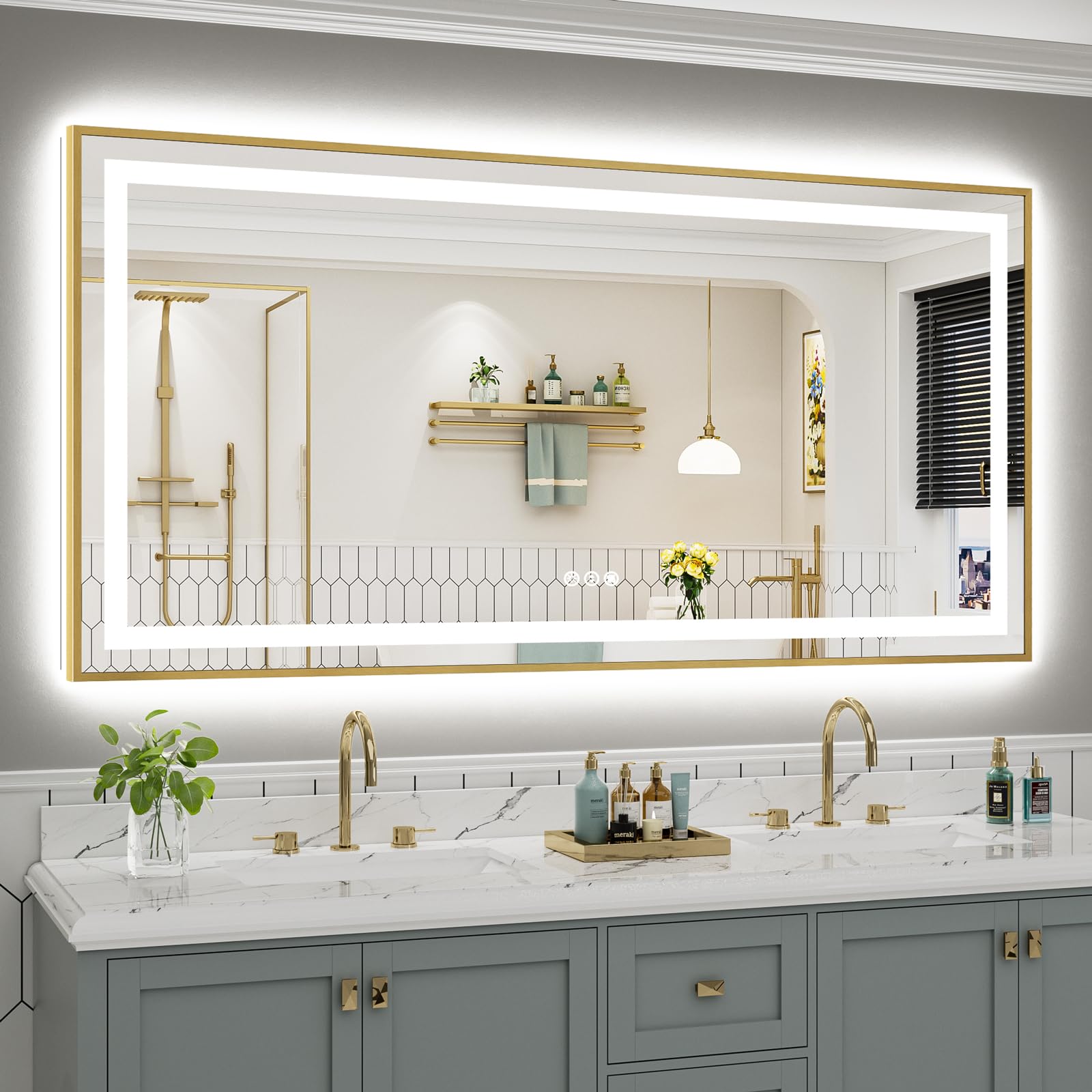 72x36 Inch LED Bathroom Mirror with Gold Frame, Backlit &amp; Front Lit