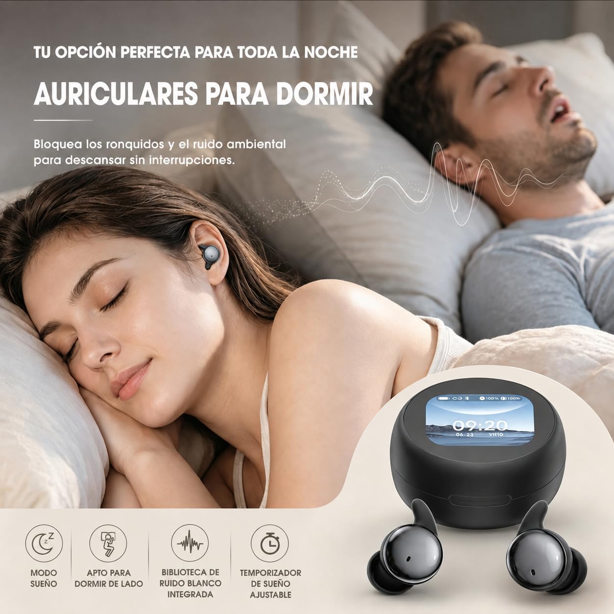 NE90 Auriculares inalámbricos para dormir, funda de carga táctil con reproducción de ruido blanco integrado, Bluetooth 6.0 gemelo, auriculares ligeros para dormir de lado, viajes y conversaciones de