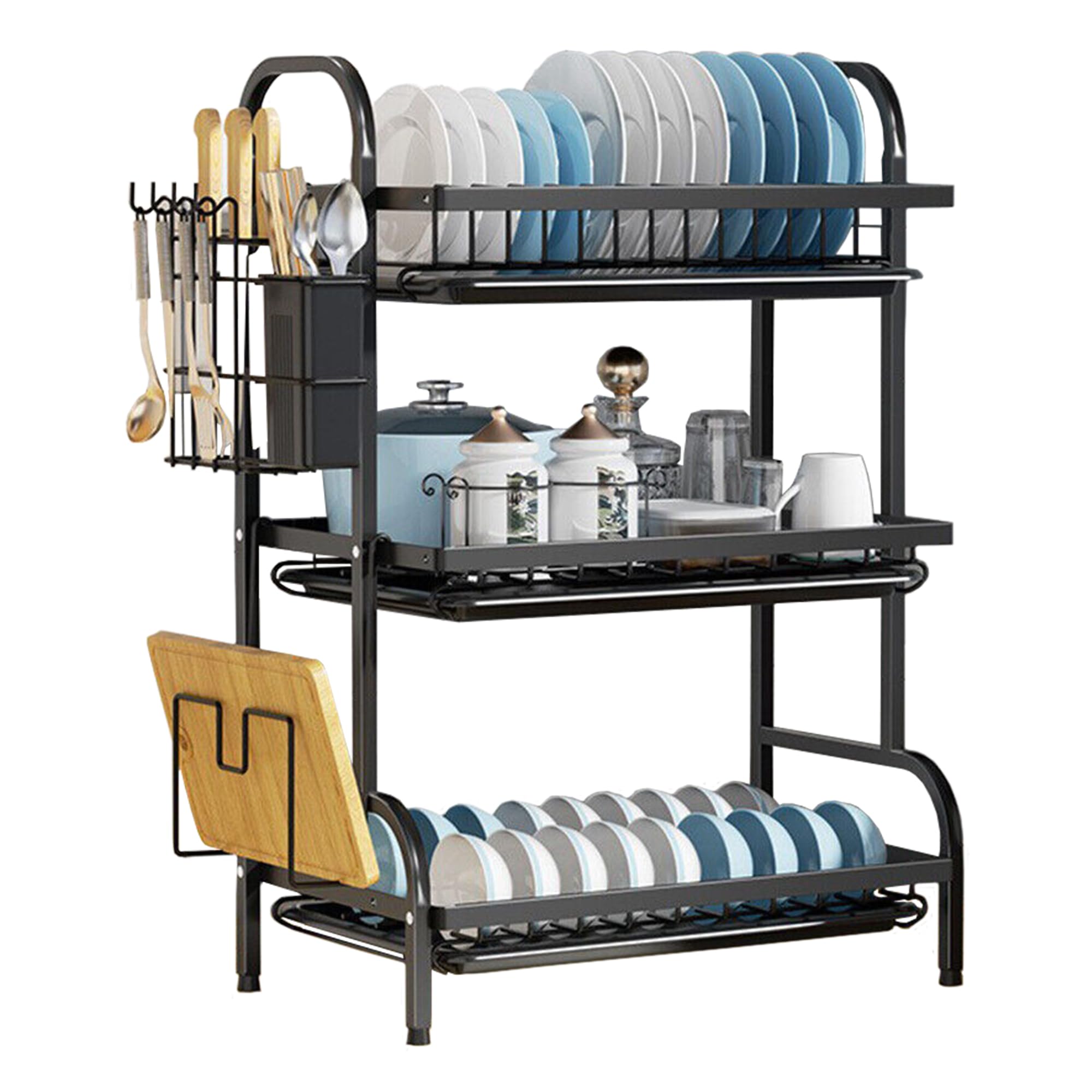 ATEK 3 Tier Dish Drainer Rack with Drip Tray, Kitchen Counter Organiser