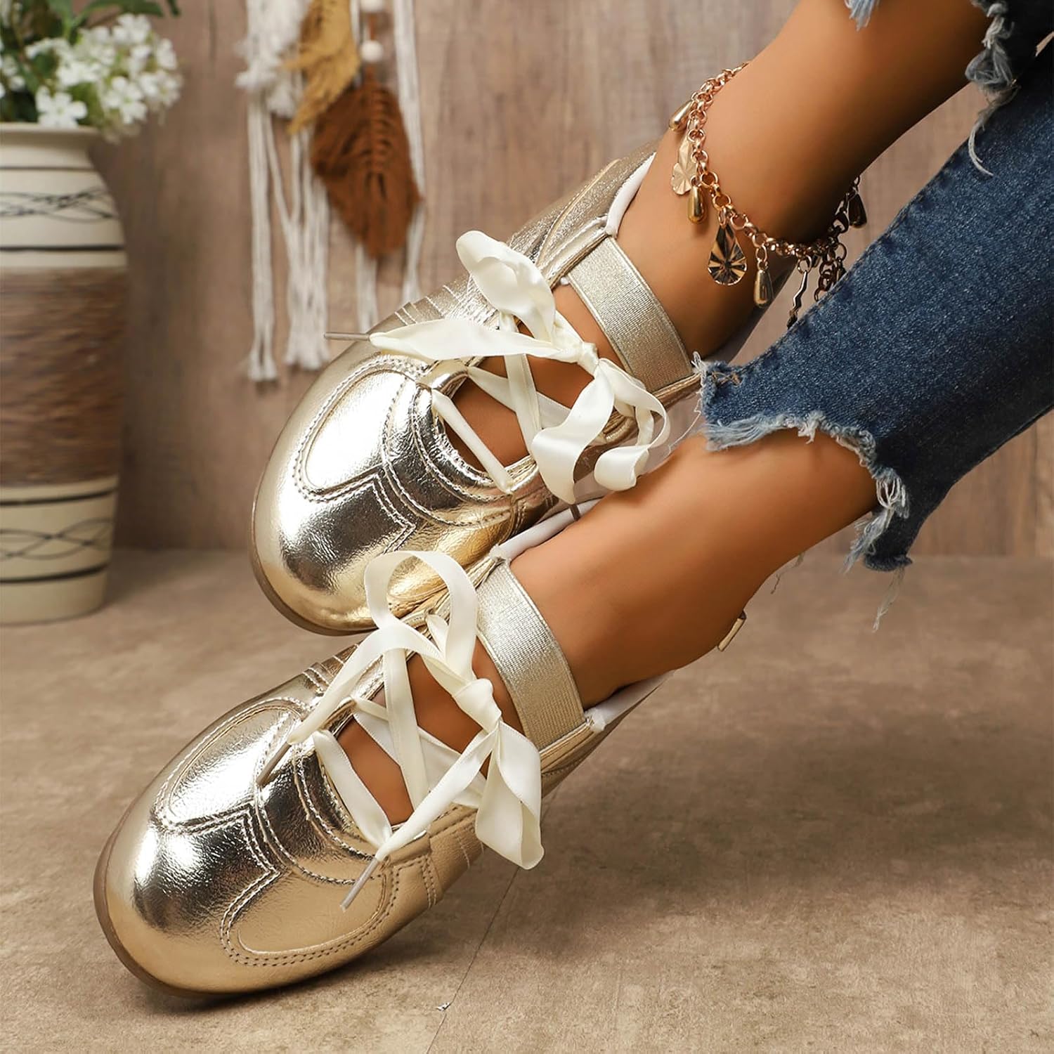 Women's Lace-up Fashion Ballerina Sneakers Dressy Ballet Flats Comfortable Tennis Walking Casual Shoes Fashion Lightweight Workout Athletic Low Top Glossy Round Toe Sports Dance Shoes