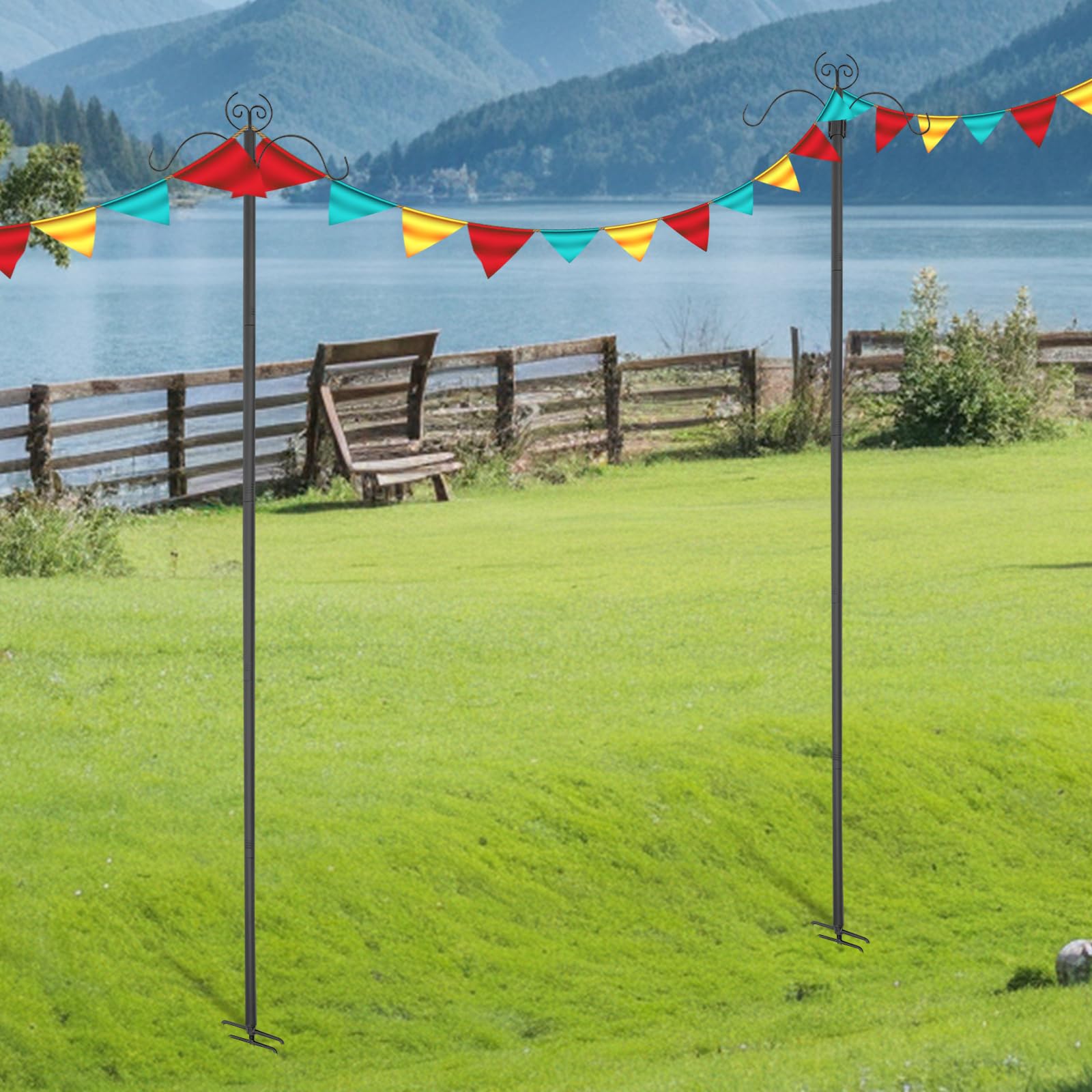 Set di 2 supporti per catena luminosa, 3 m, per esterni, supporto per illuminazione regolabile con doppio gancio, montaggio a pavimento e recinzione, per giardino, terrazza, feste, asta in metallo