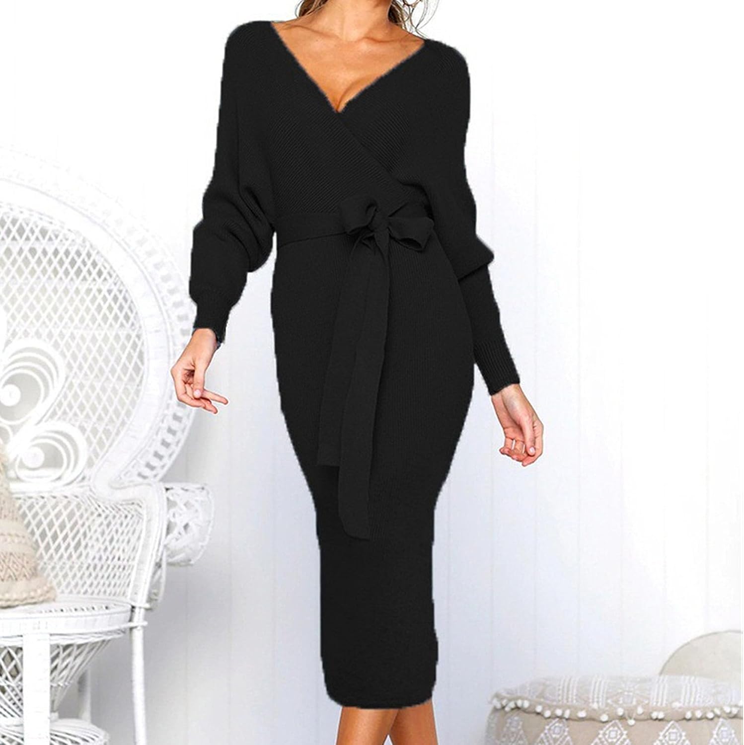 Generic Women'S V Neck Long Batwing Sleeve Dress Wrap Midi Knit Sweater Bodycon Dress Elegant Ribbed Backless with Belt Slit