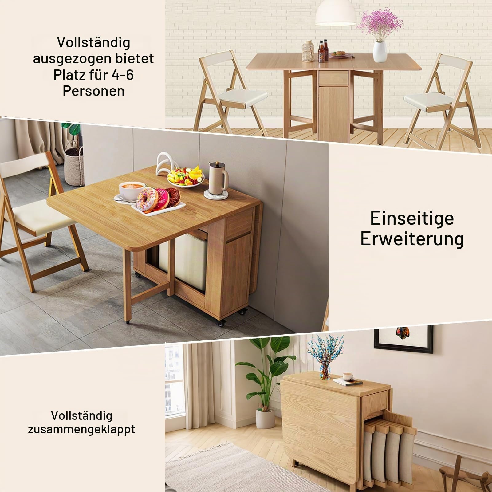 150cm Klappbarer Esstisch mit Stühlen Set, Holz Klapptisch, Holz