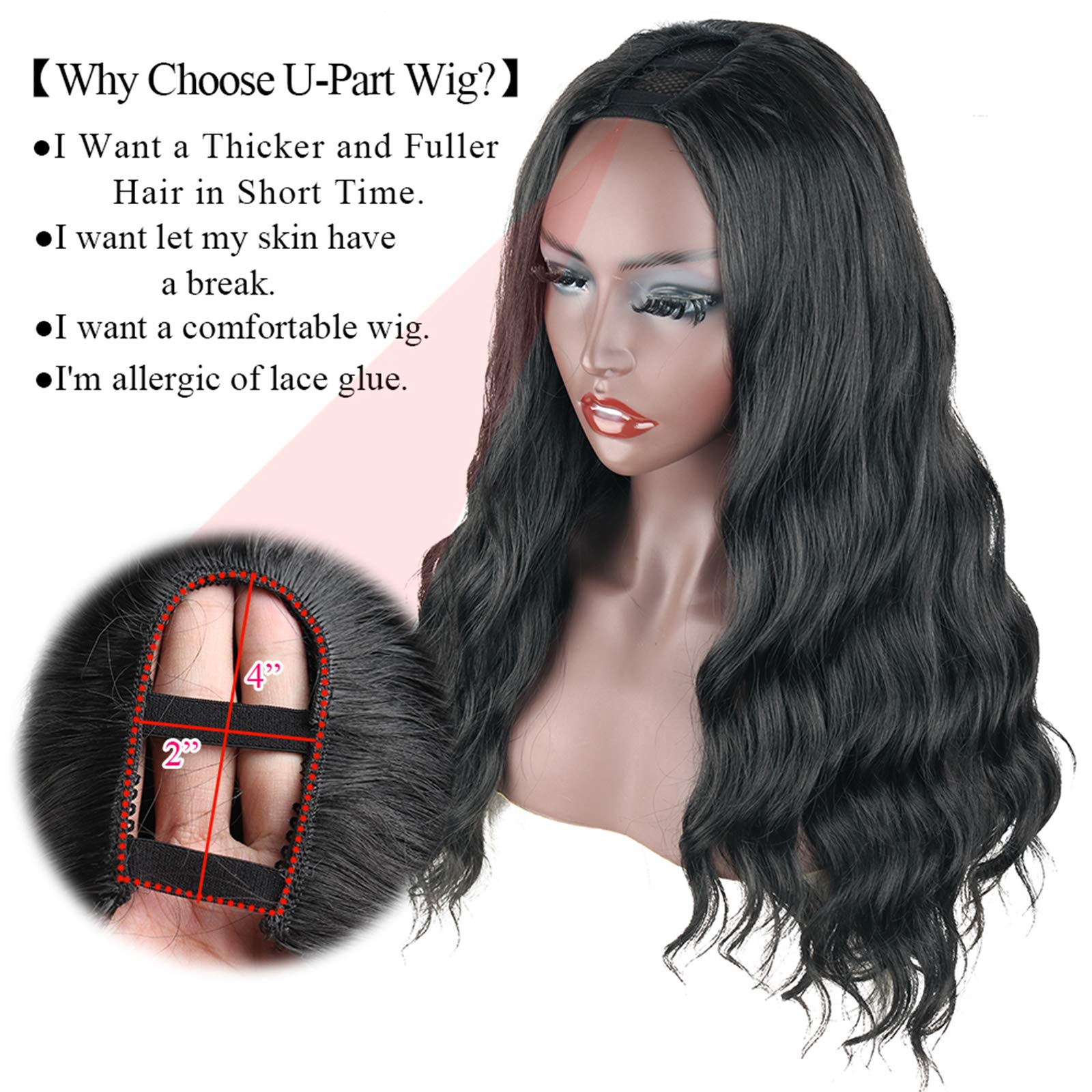 KRSI Body Wave U Part Wigs for Women U Part 3.5'' x 3.5'' U Shape Glueless Wigs Natural Black Full Head U-part Hair Extension Clip in U Part Wig Synthetic Hair Half Wig 50.8cm (1B-6681)