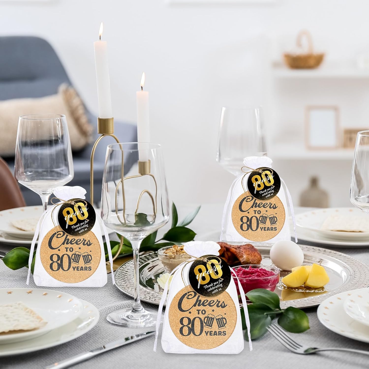 Sieral 50 Sets 80th Birthday Party Favors Cheers to 80 Years Cork Coaster Absorbent Cork Mat with Cards and Organza Gift Bags Birthday Anniversary Decoration Favors for Guests - Image 6