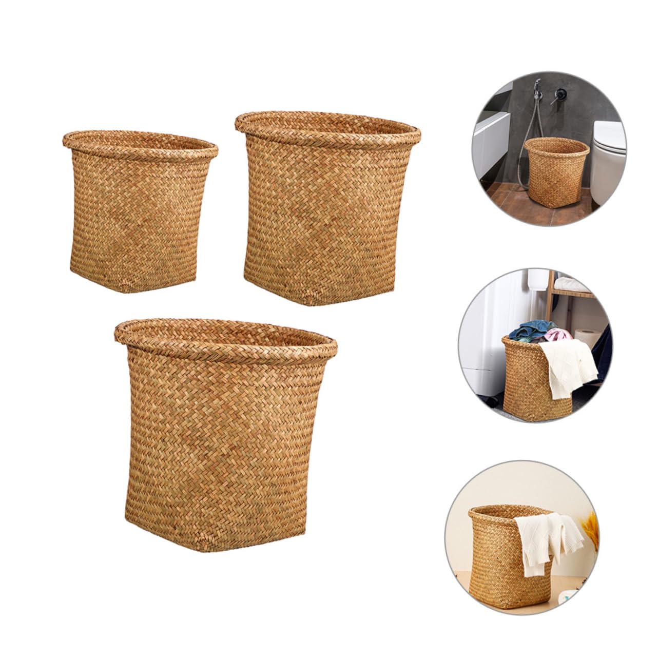 OUNONA 3pcs Woven Trash Baskets Natural Rattan Waste Bins for Home Organization Small Medium Large Eco-Friendly Stylish Storage for Bedrooms Offices and More