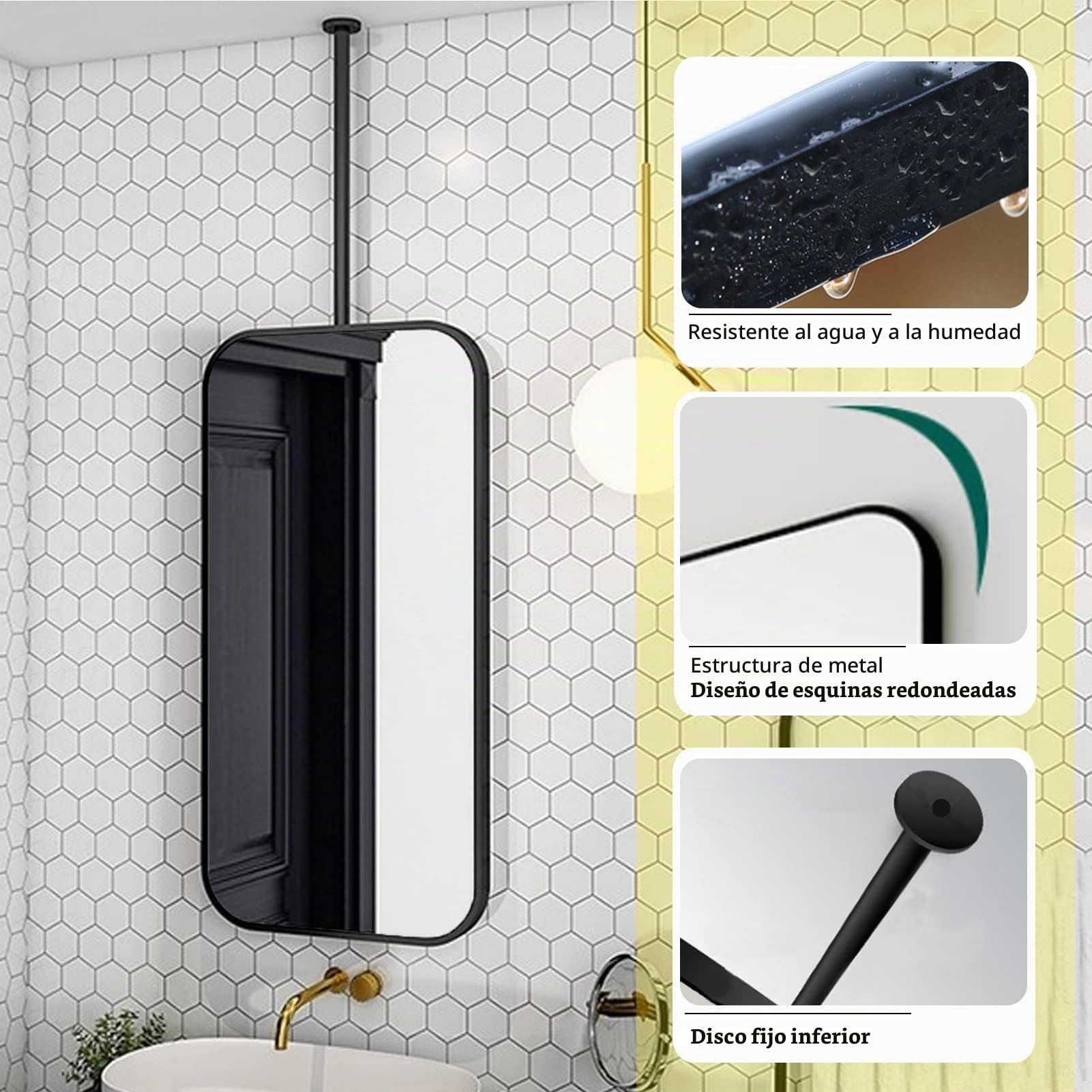Espejo Rectangular Nórdico Techo Montado Colgante Negro Sala de Baño y Estar (Size: 50cmx70cm)