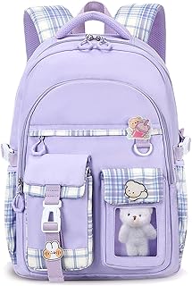 PRLINJSK Girls Backpack,Cute School Backpack for Girls Kids Teens,Kawaii Bookbag for Primary Elementary,Purple