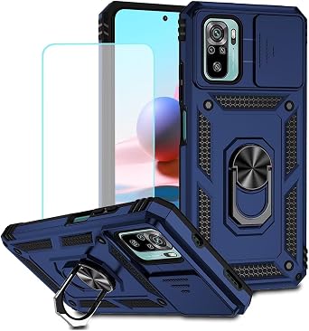 Case for Redmi Note 10 4G/Redmi Note 10S Case, M2101K7BG Case with Tempered Glass Screen Protector and Slide Camera Cover, 360 Rotate Ring Stand Magnetic Cover for Xiaomi Redmi Note 10S Blue