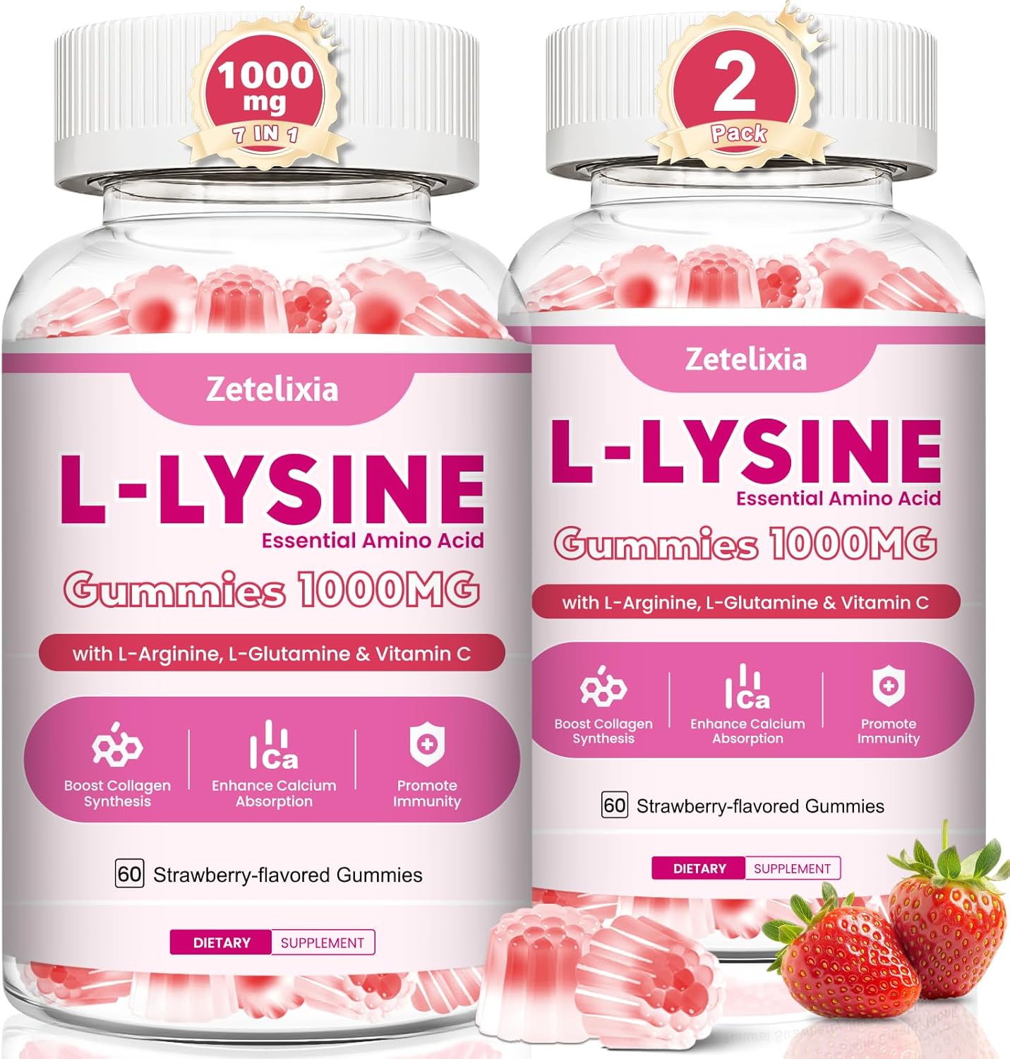 2 Pack L-Lysine Gummies 1000mg, Lysine Gummies Supplement for Adults & Kids, Essential Amino Acid with L-Arginine, L-Glutamine for Lip & Skin, Immune, Calcium Absorption, Strawberry Flavor, 120Ct