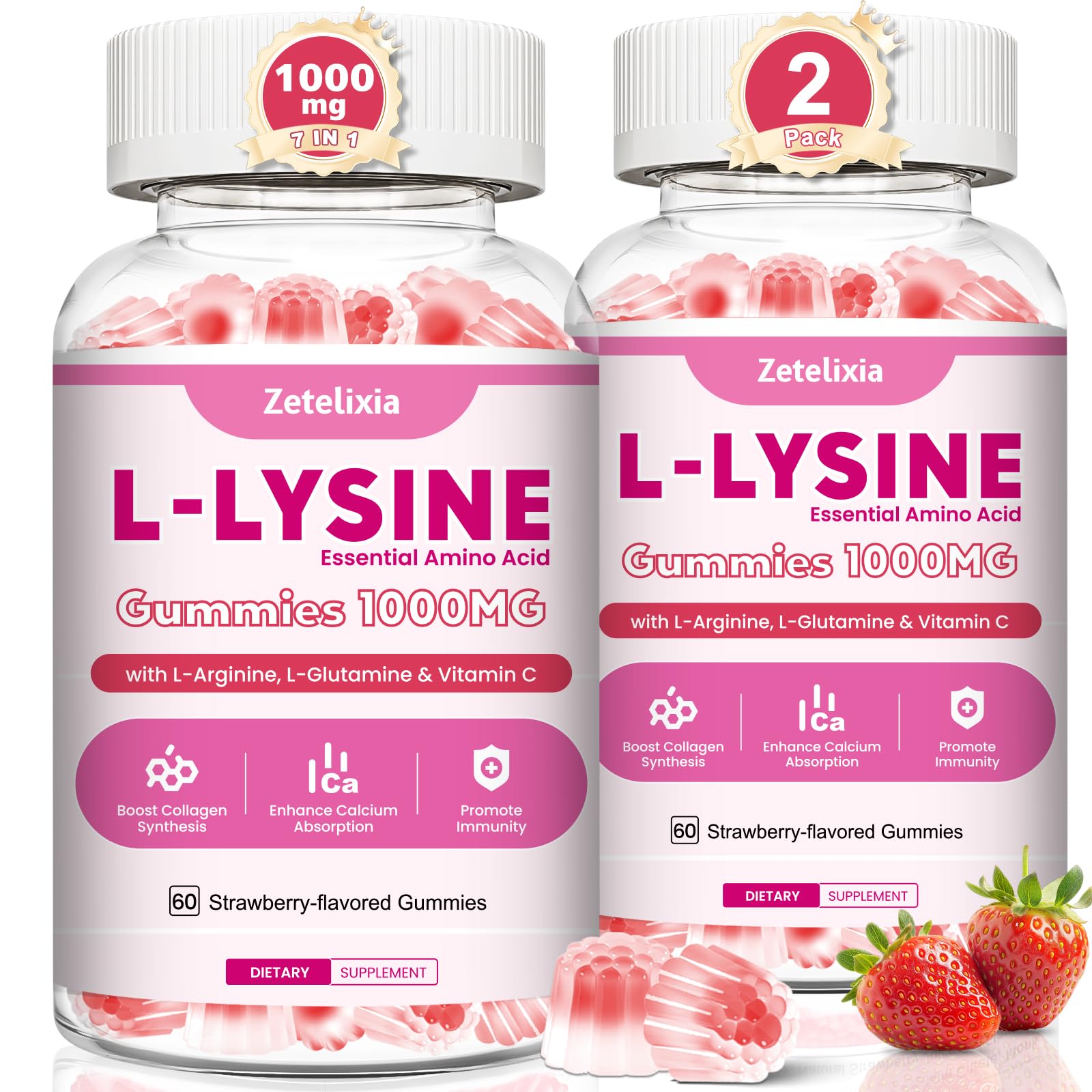 2 Pack L-Lysine Gummies 1000mg, Lysine Gummies Supplement for Adults & Kids, Essential Amino Acid with L-Arginine, L-Glutamine for Lip & Skin, Immune,
