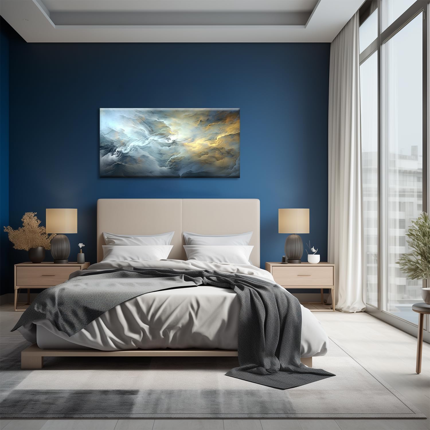 Abstract Canvas Wall Art, White and Gold Clouds Poster Print Abstract Cloud Landscape Painting Picture for Bedroom Living Room Decor(Artwork-02, 16"x8")