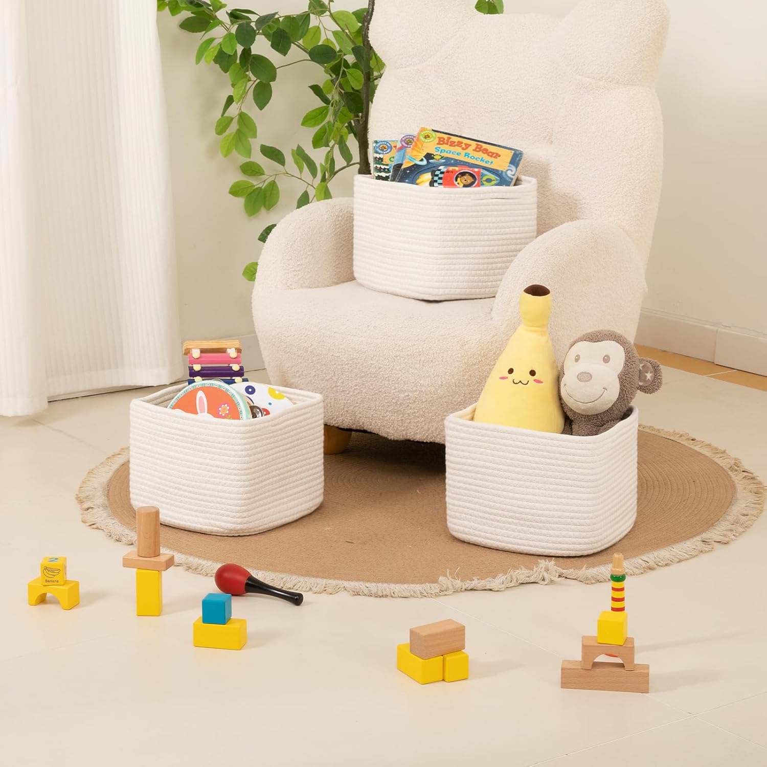 OIAHOMY 9”x9”x7” Storage Cubes, Cotton Rope Woven Baskets for Organizing, Cube Storage Bin, Small Gift Basket for Shelf, 3-Pack, White - Image 4