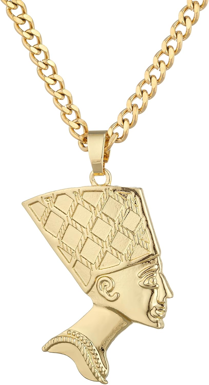 Egyptian Queen Nefertiti Necklace for Women Men Teens, 14K Gold Plated Nefertiti Pendant with 5mm Wide Stainless Steel Cuban Chain Necklace, Big and Small Head