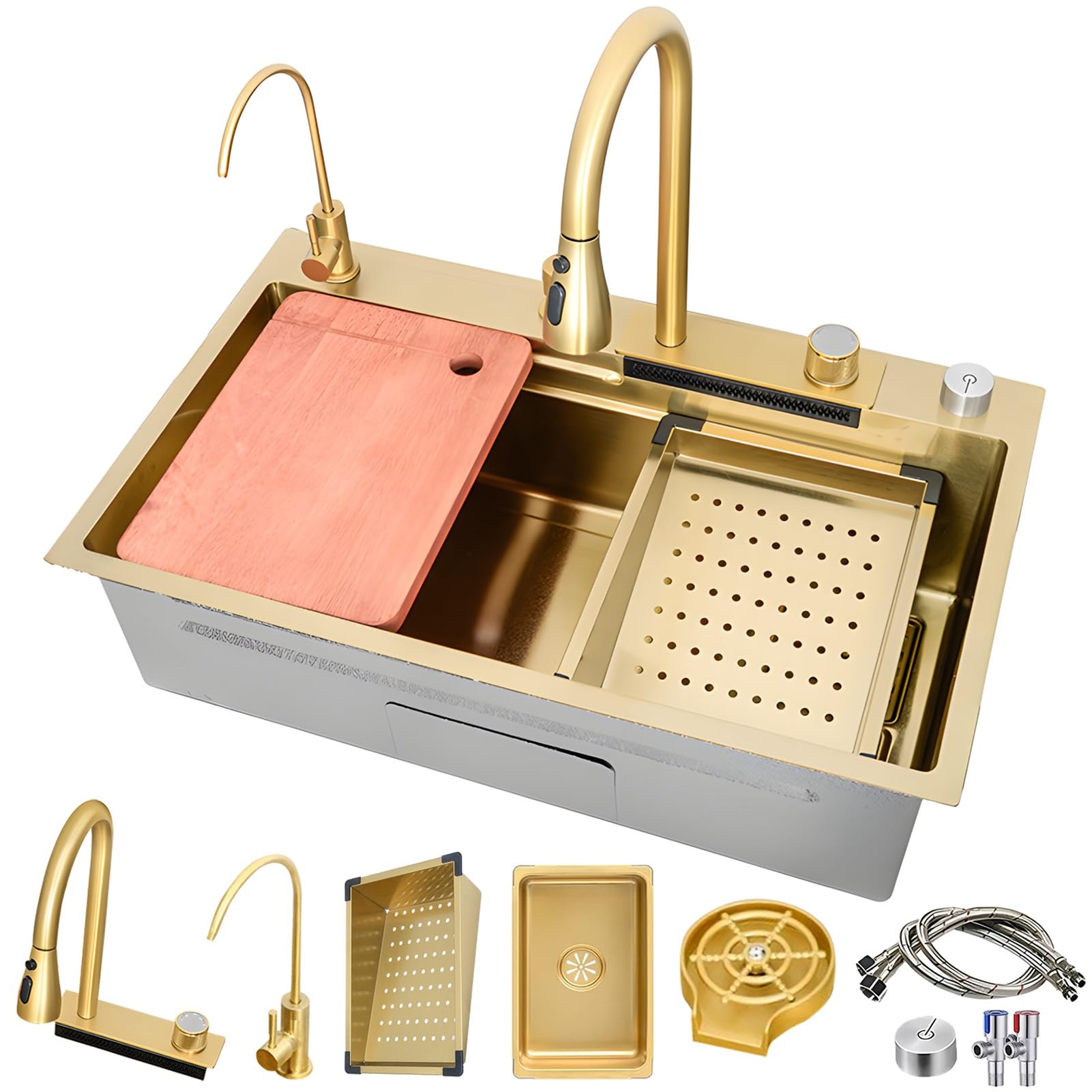 ZQFHSX Top Mount Waterfall Kitchen Sink, Black Gray Single Bowl Farmhouse Stainless Steel Bar Multifunctional Workstation Drain Accessories(Gold,75x50cm)