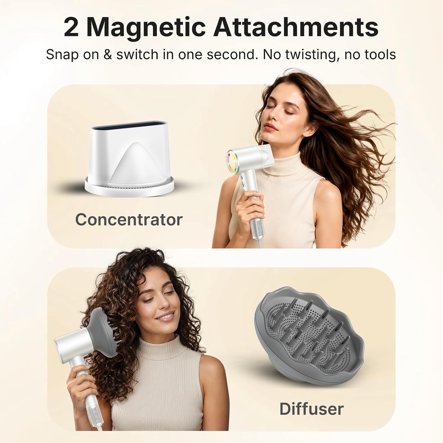High-Speed Hair Dryer with Diffuser, Ionic Blow Dryer, White | 160,000 RPM Brushless Motor, 500 Million Negative Ions, Prevents Overheating, 59dB Low Noise, For Curly Hair, Travel Compact