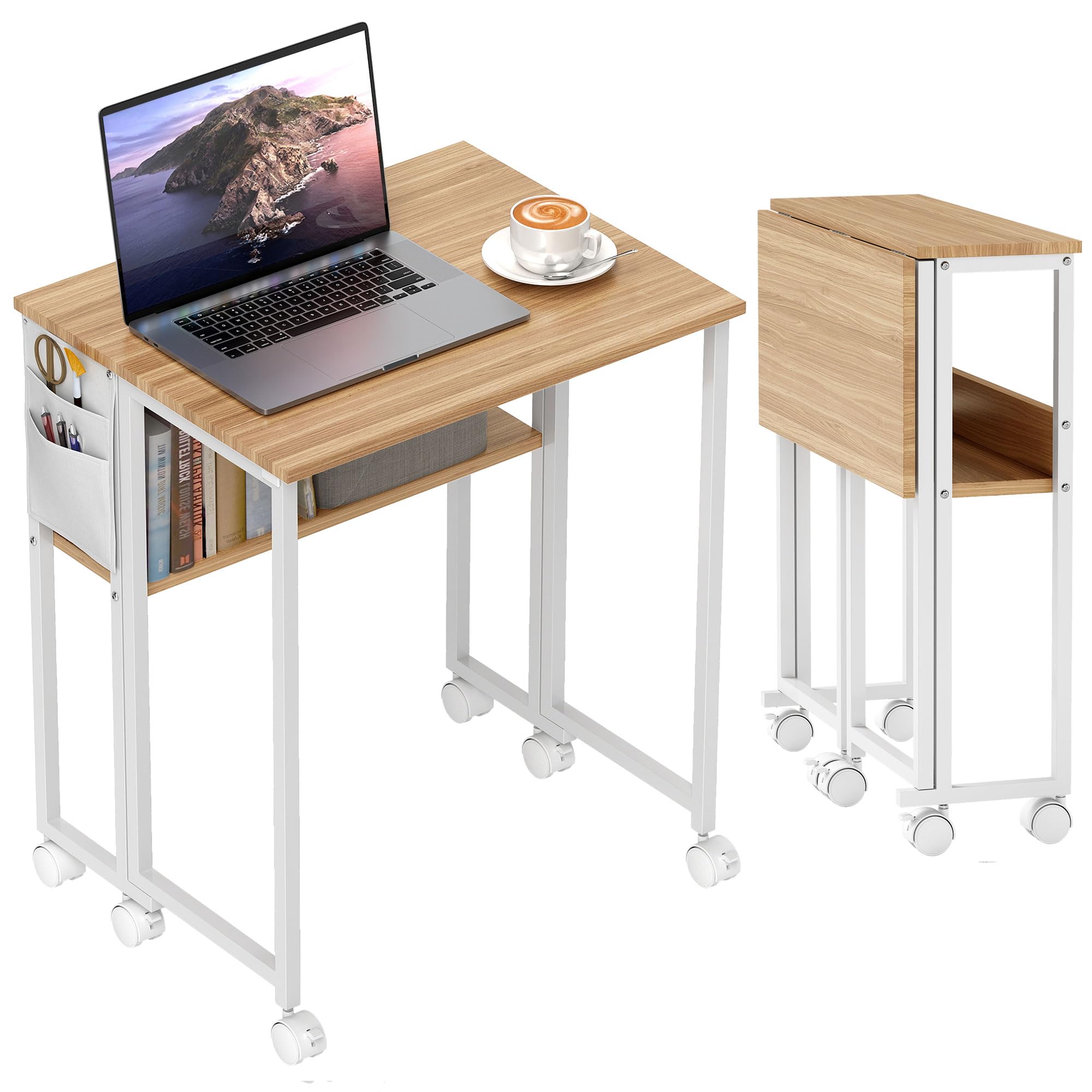 Homcom 63 Cm Foldable Computer Desk On Wheels For Small Spaces Natural