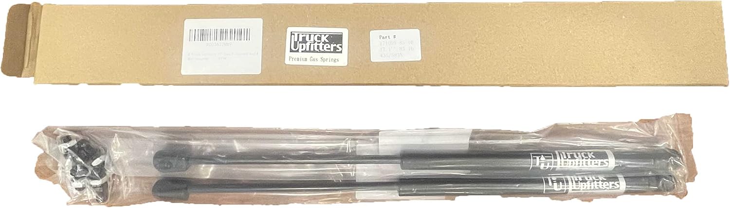 2 Truck Upfitters 16" Gas Props (15.7" ext, 9.4" Compressed, 55 lbs of Pressure ea) Compatible with are, ATC, Snugtop, Leer Campers. Measurement REQ'D! Incl 4 Ball mounts+Angled & Straight Fittings!