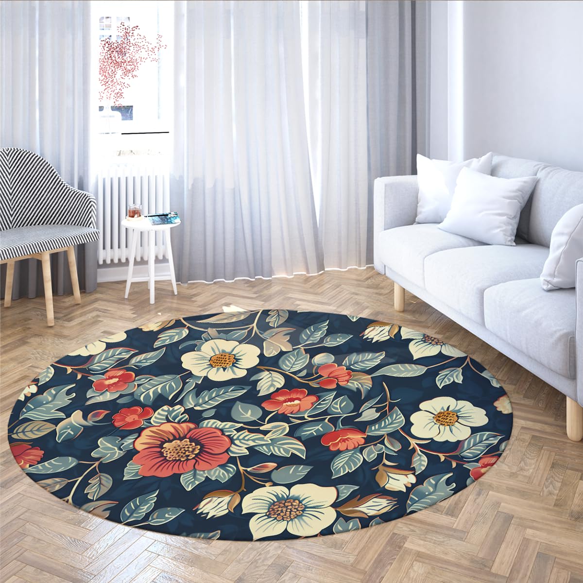 120cm Runder Teppich für Wohnzimmer Vintage-Blumenteppich für Schlafzimmer rutschfest waschbar Kreisbodenmatte elegant botanisch für Esszimmer Wohnkultur