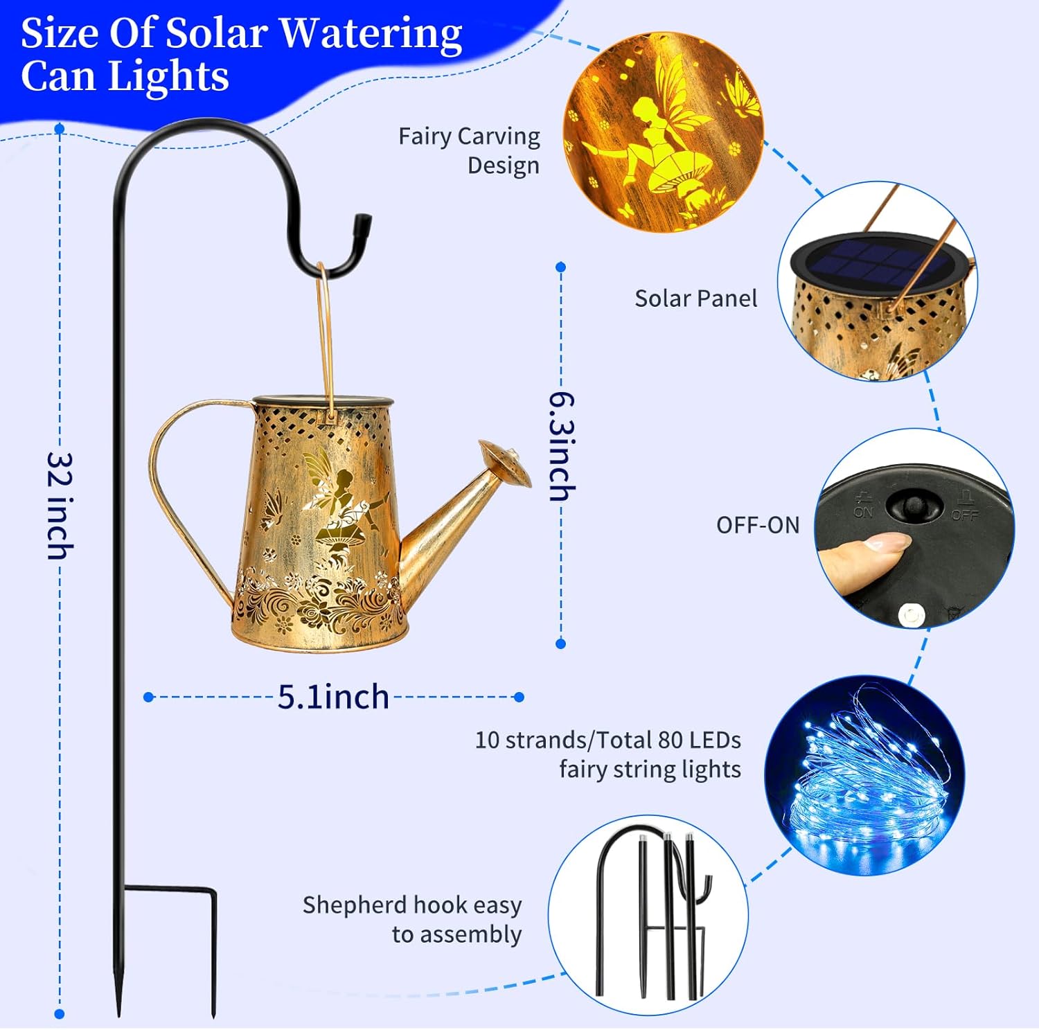 YJFWAL Solar Watering can with Lights, Unique Gifts for Mom Grandma Women Birthday, Waterproof Gardening Gifts Watering Can with Cascading Lights Outdoor Decor for Garden Patio Yard Pathway (Blue)