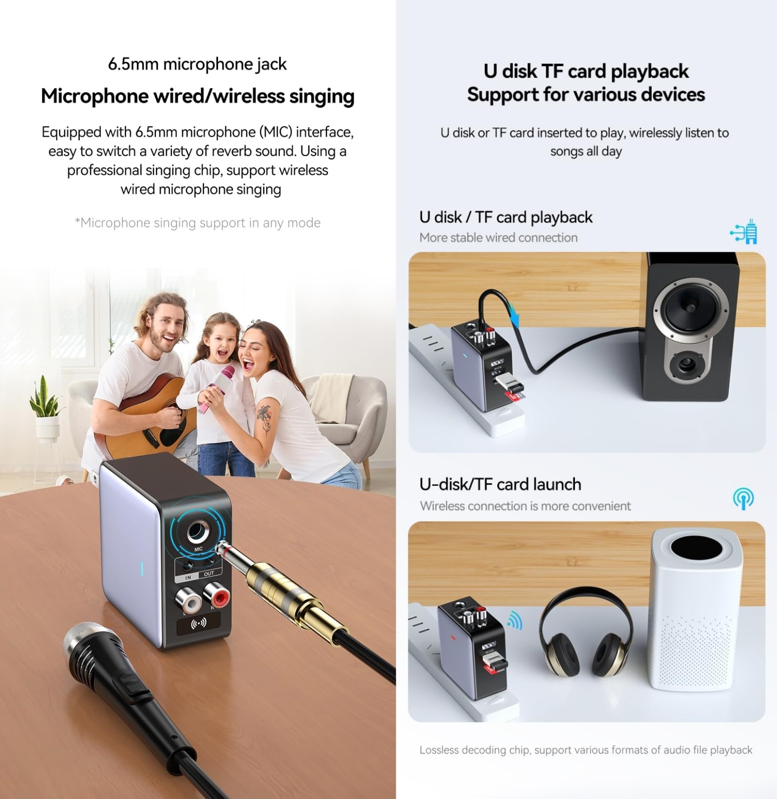 Adattatore audio Bluetooth Bluetooth 5.3 Ricevitore Trasmettitore Ricarica Microfono Canto 4 in 1 con Connessione AUX da 3,5 mm, RCA, Microfono da 6,5 mm per Cuffie,TV,Lettori