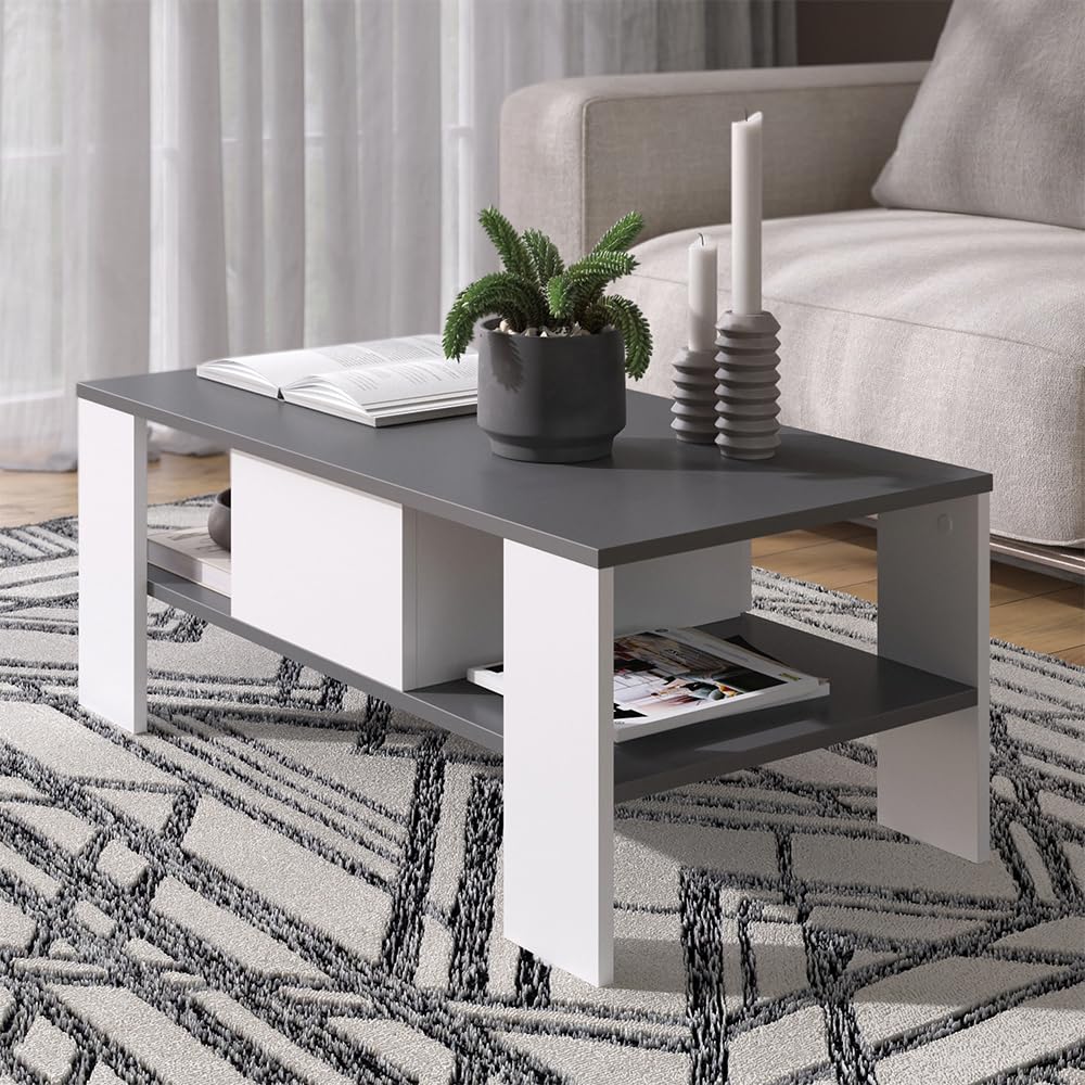 Vicco Couchtisch Wilmut, Anthrazit/Weiß, 89.8 x 46.4 cm | mit Schublade, Ablagefläche für Zeitschriften und Fernbedienungen