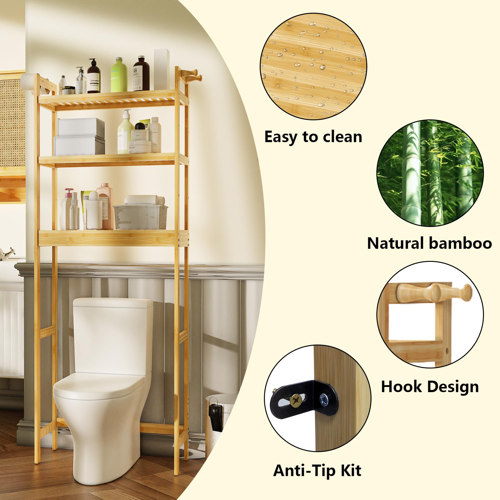 unho Scaffale Mensola per Lavatrice: Bagno Mobile Sopra WC in Bambù Portaoggetti Ripiani Regolabili Salvaspazio Scaffalatura per Lavatrice 63x26x170 cm