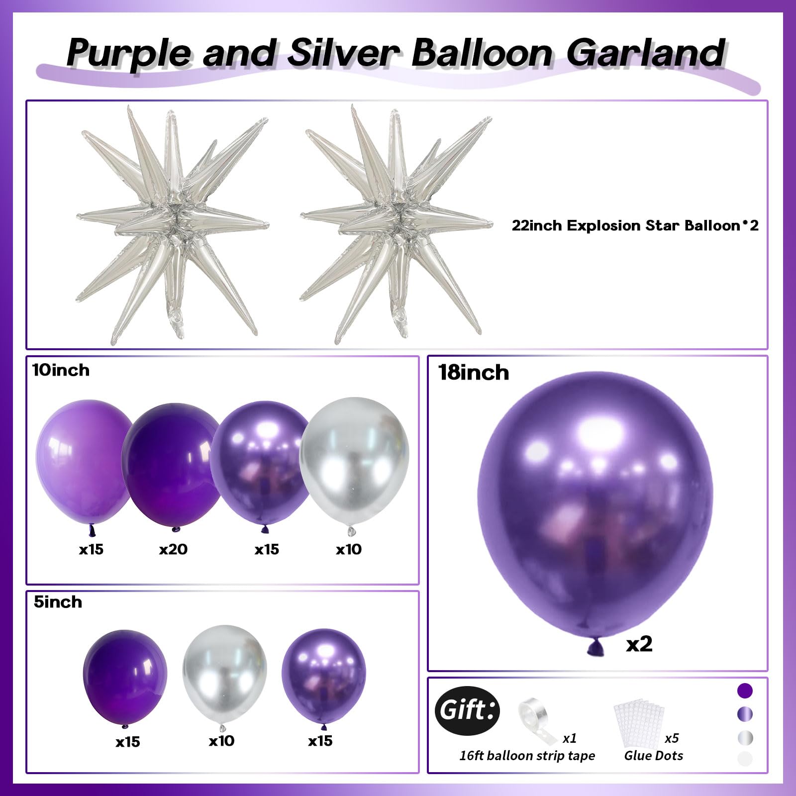 120 Stück Luftballon Girlande Dunke Lila mit 2 Sternballons, Ballons Girlande Pastell Lila und Metallic Lila Silber, Lila Luftballons für Mädchen Frauen Geburtstag Hochzeitstag Babyparty Party Deko