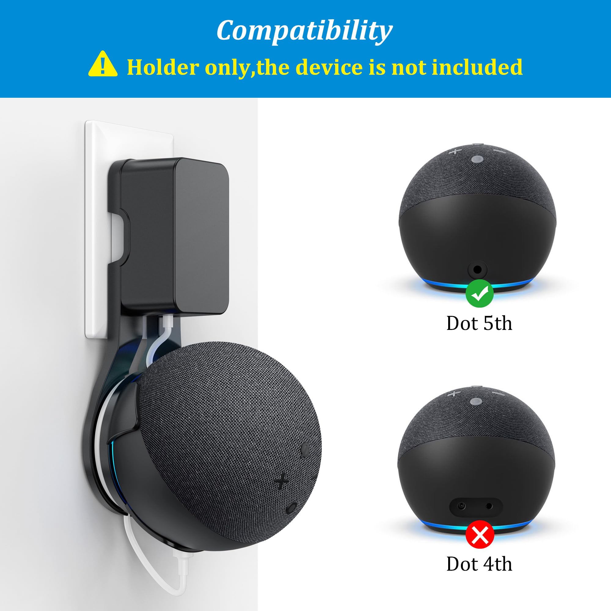 PlusAcc Steckerhalterung für Dot 5 Gen und Google - Wandhalterung mit integriertem Kabelmanagement zum Verstecken der Kabel, Steckdosenhalterung für Wohnzimmer, Schlafzimmer und Küche (Schwarz)