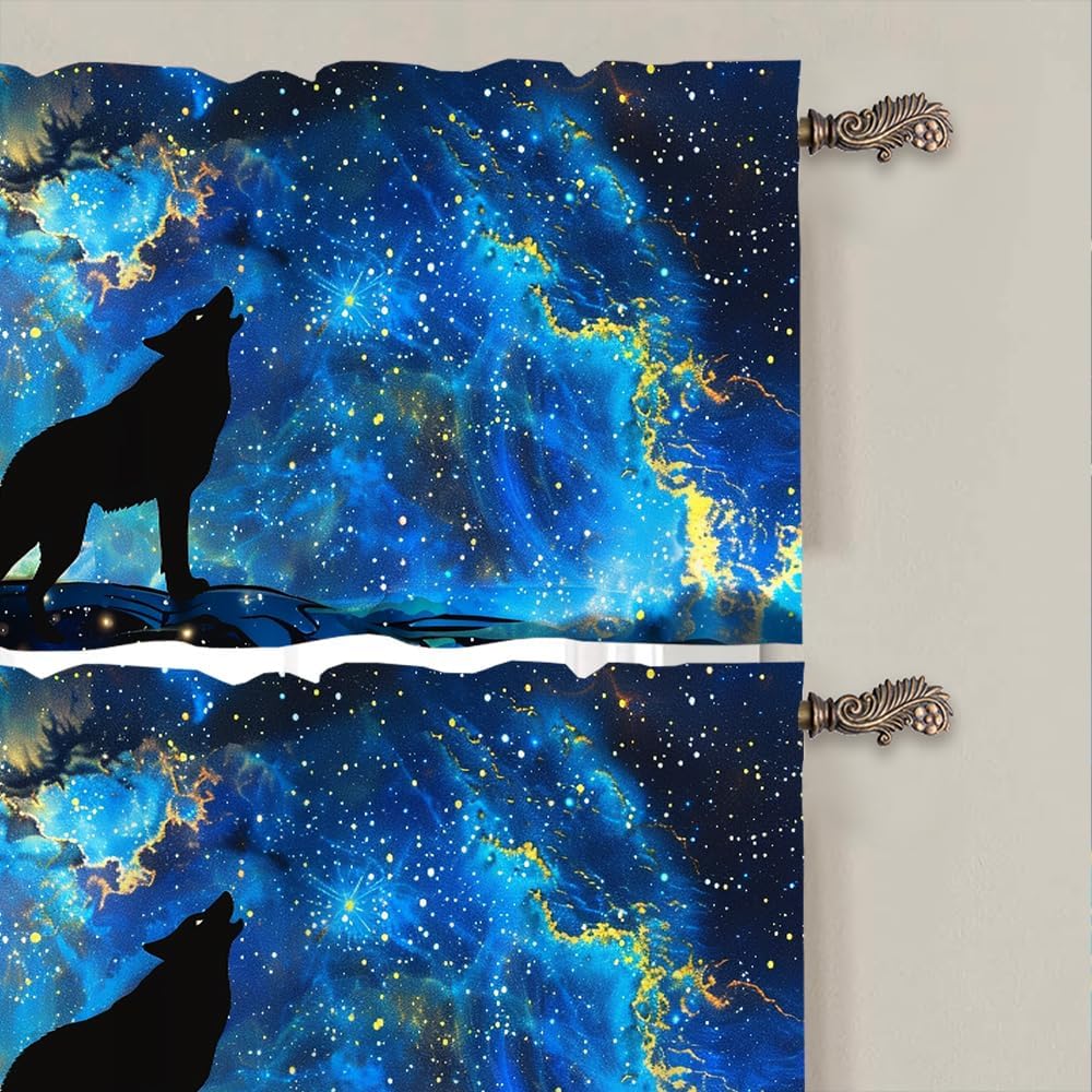 2 Panels Wolf Fantasy Curtain Valance for Windows, Colorful Star Moon Silhouetted Rod Pocket Short Window Treatment Decor Drapes for Kitchen, Bathroom, 54" X 18"