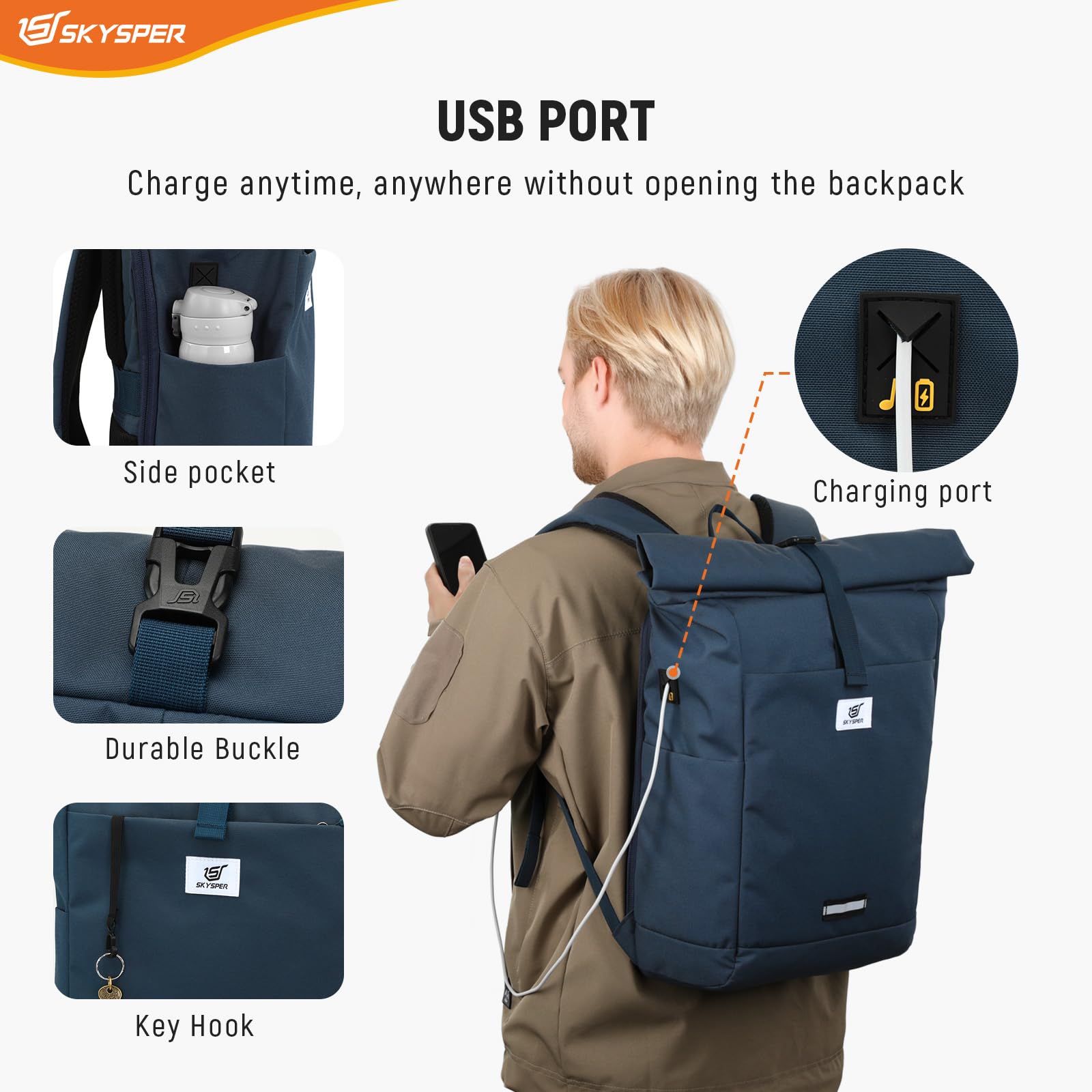 SKYSPER Rolltop plecak dla mężczyzn i kobiet, z kieszenią na laptopa, plecak podróżny, na rower, na uczelnię, do pracy, uniseks, na laptopa, plecak szkolny