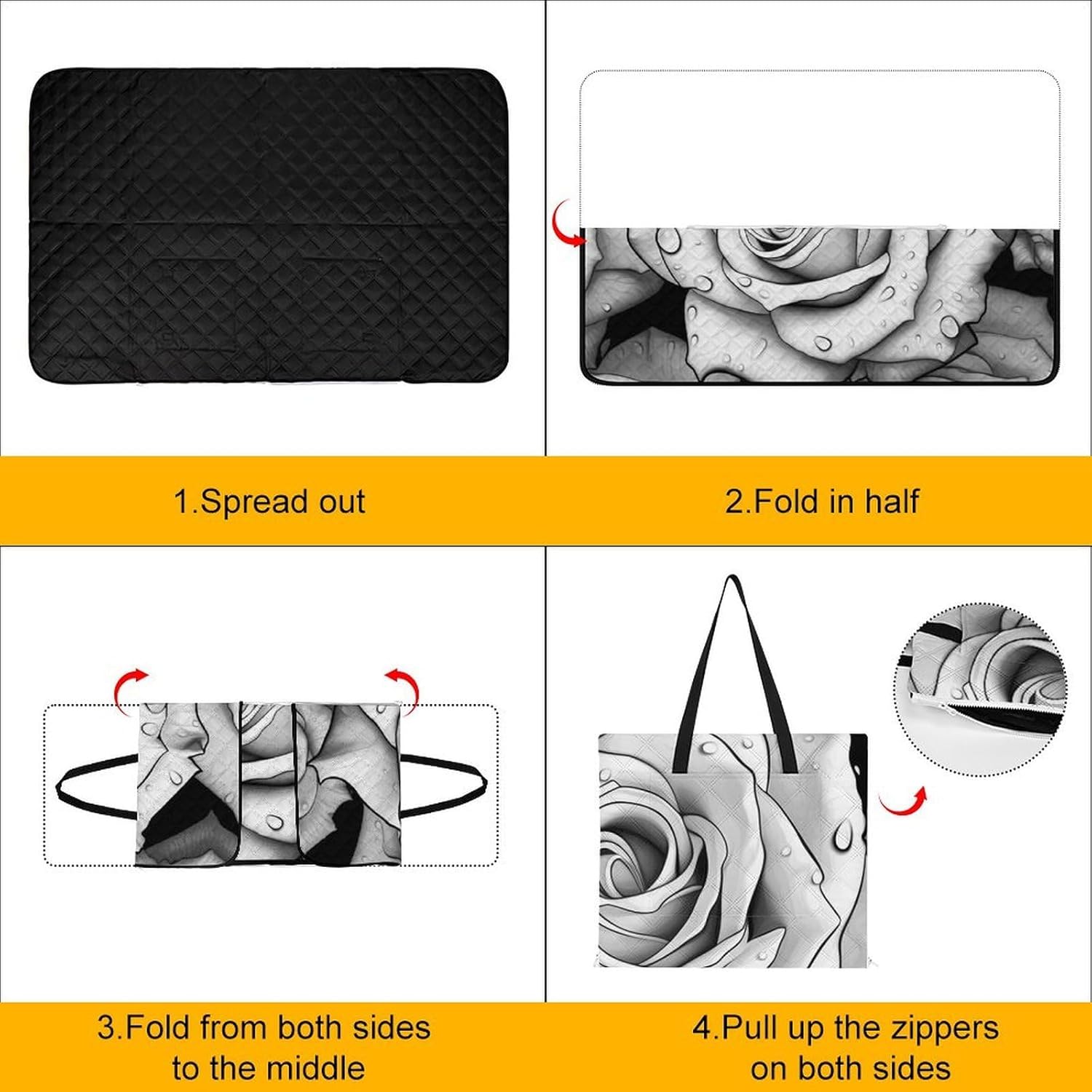 Black White Rose Picnic Blanket 150x100cm, Foldable 2-in-1 Picnic Mat and Tote Bag Portable Waterproof Beach Mat Sandproof Outdoor Blanket for Park, Hiking, Beach, Camping, Travel