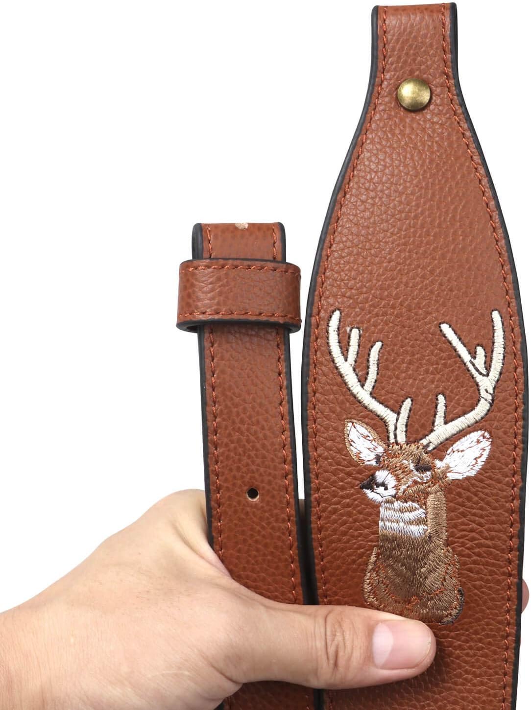 TOURBON Hunting Leather Deer Head Embroidery Padded Rifle Shoulder Strap