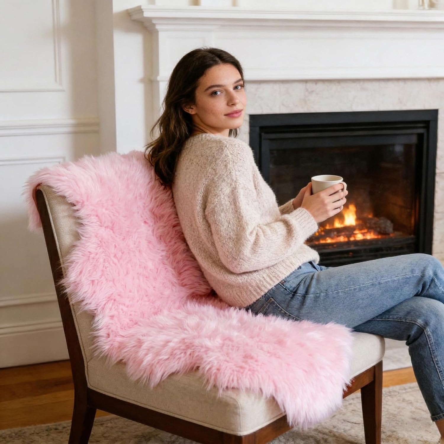 Ultra Soft Faux Fur Rug, Fluffy Shaggy 2 x 6 Ft Sheepskin Fur, Pink Plush Faux Area for Bedroom Nursery Living Room