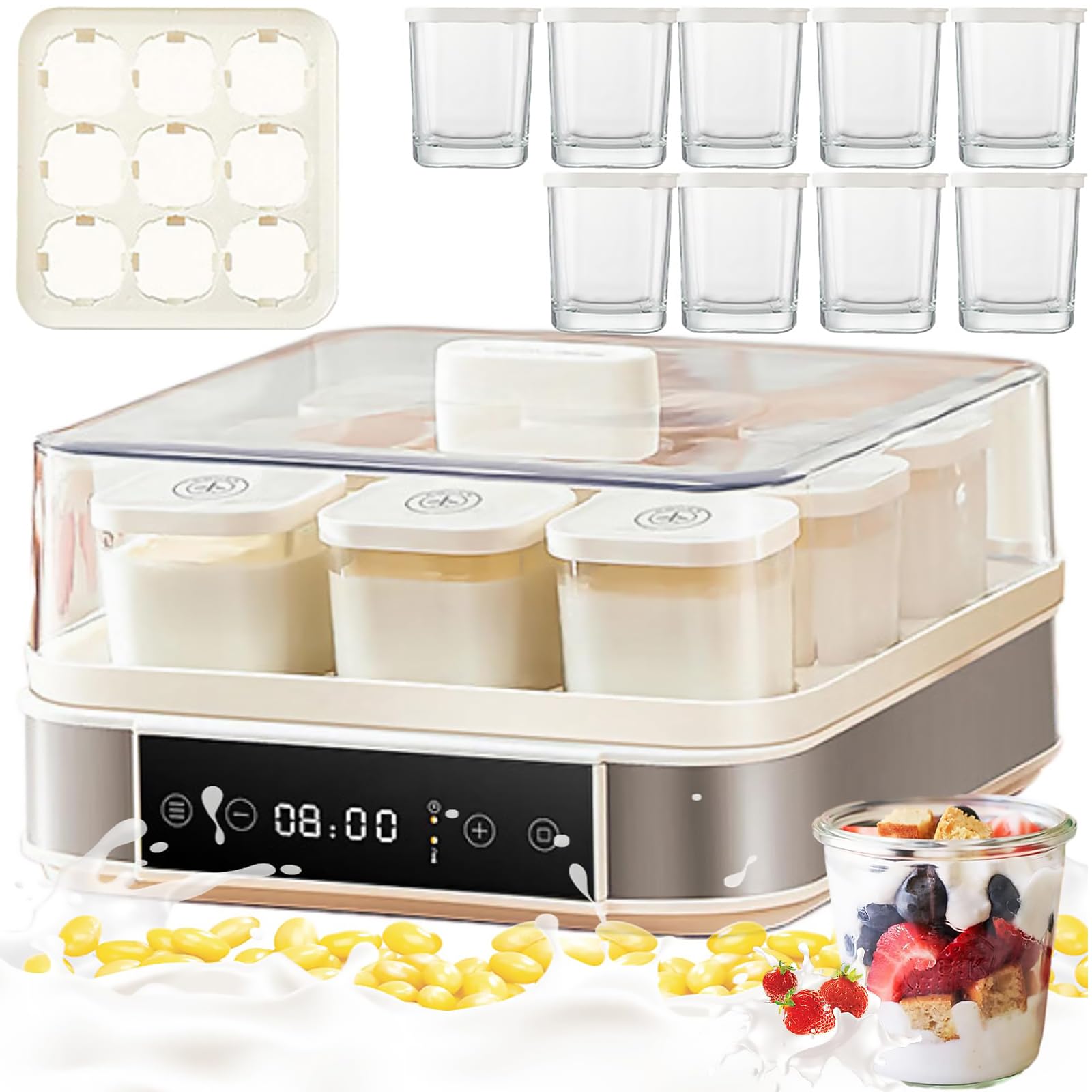 Automatic Yogurt Maker - 9 × 170ML Szklane Słoiki, Regulowana Temperatura & Timer, 40W Stalowa Maszyna Fermentacyjna do Jogurtu Greckiego, Chleba, Natto & Wina Ryżowego