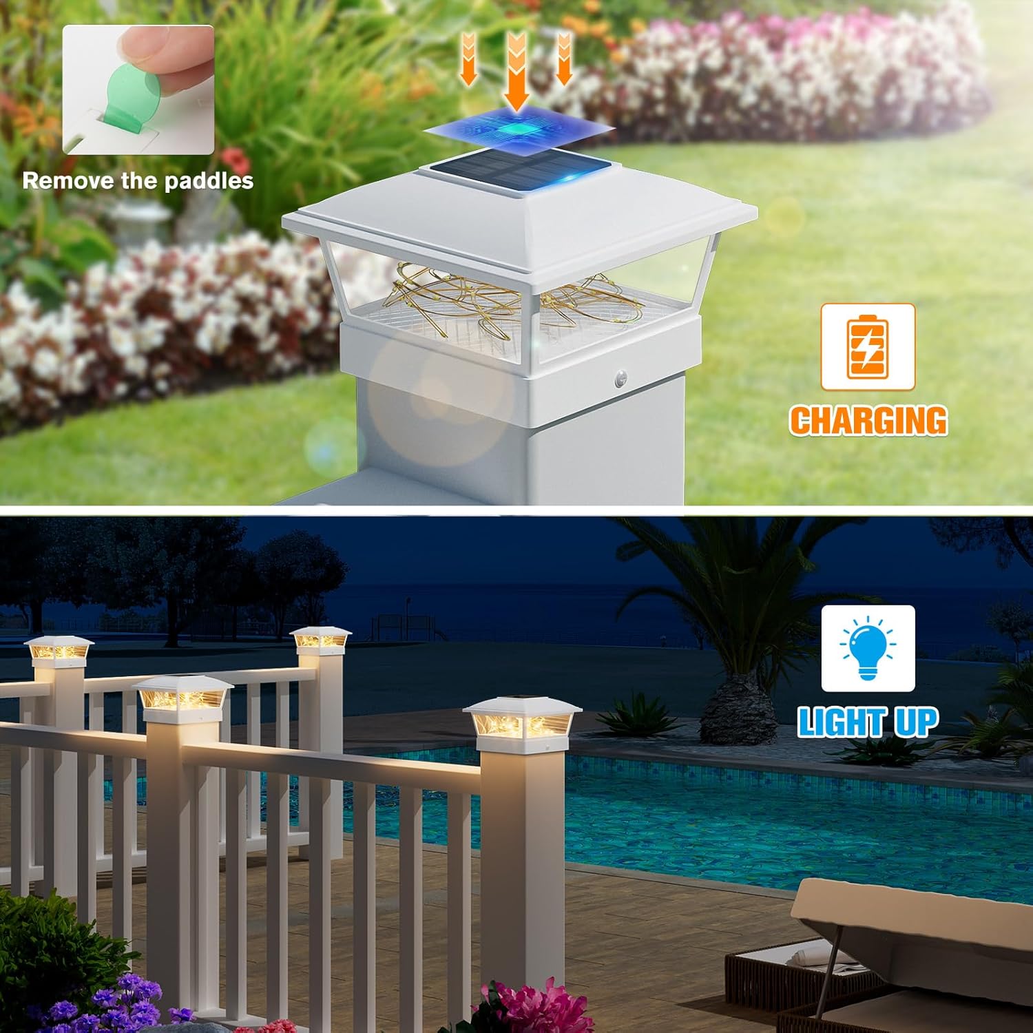 VOLISUN Solar Post Cap Lights Outdoor 12Pack, White Fence Cap Lights Solar Powered Fits 4x4 6x6 Wooden/4x4 5x5 Vinyl Post, Firefly filaments Lighting for Garden/Patio/Porch,with Warm White